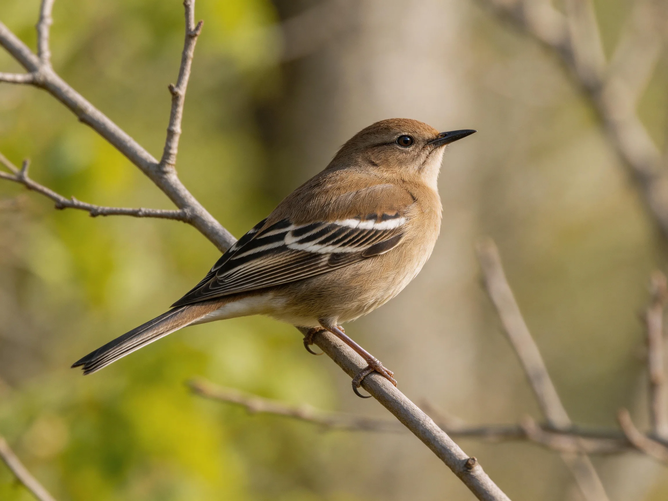A small brown bird with white wing stripes rests on a slender tree branch.