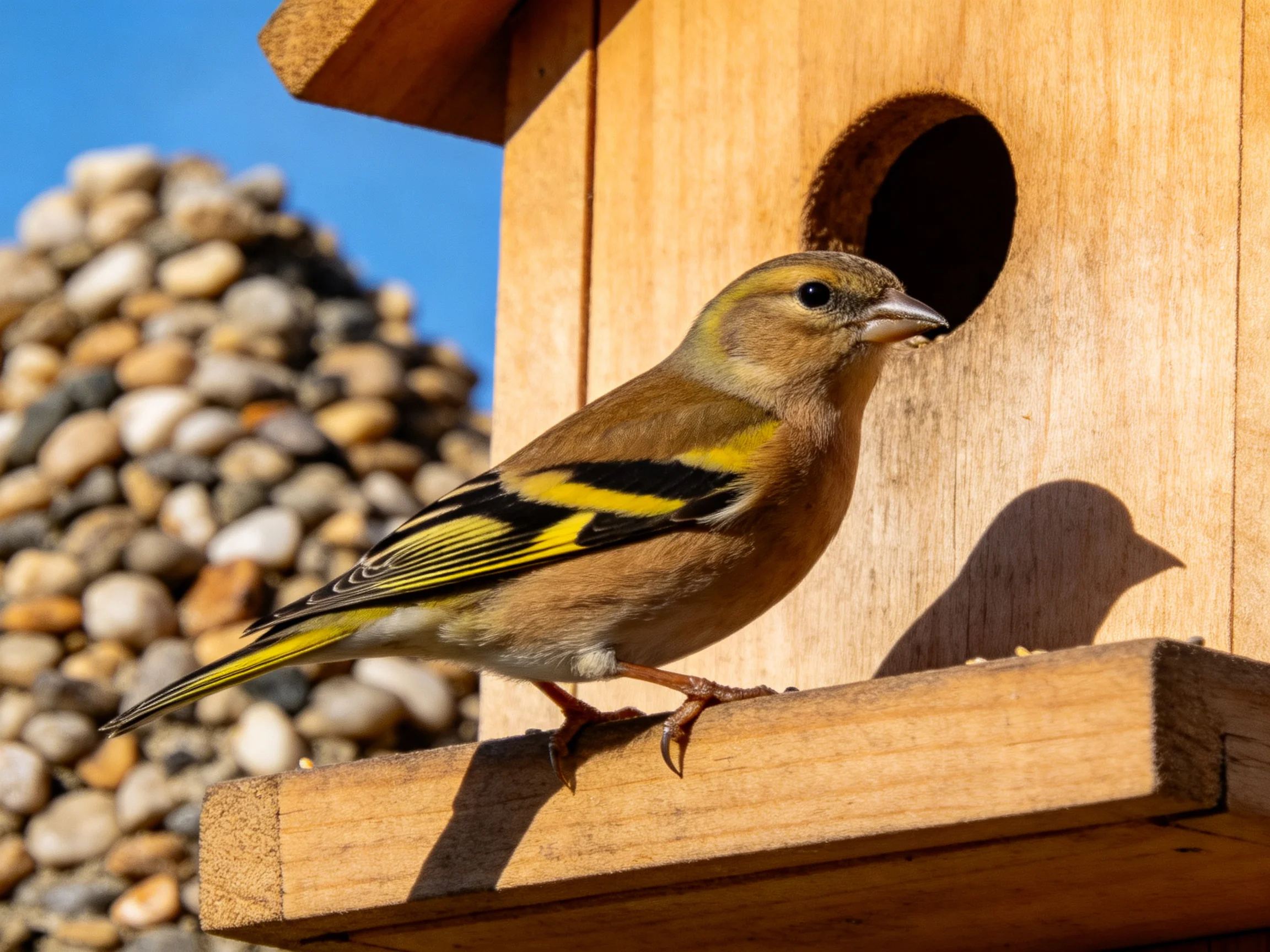 A small brown bird with colorful markings sits next to a wooden birdhouse.