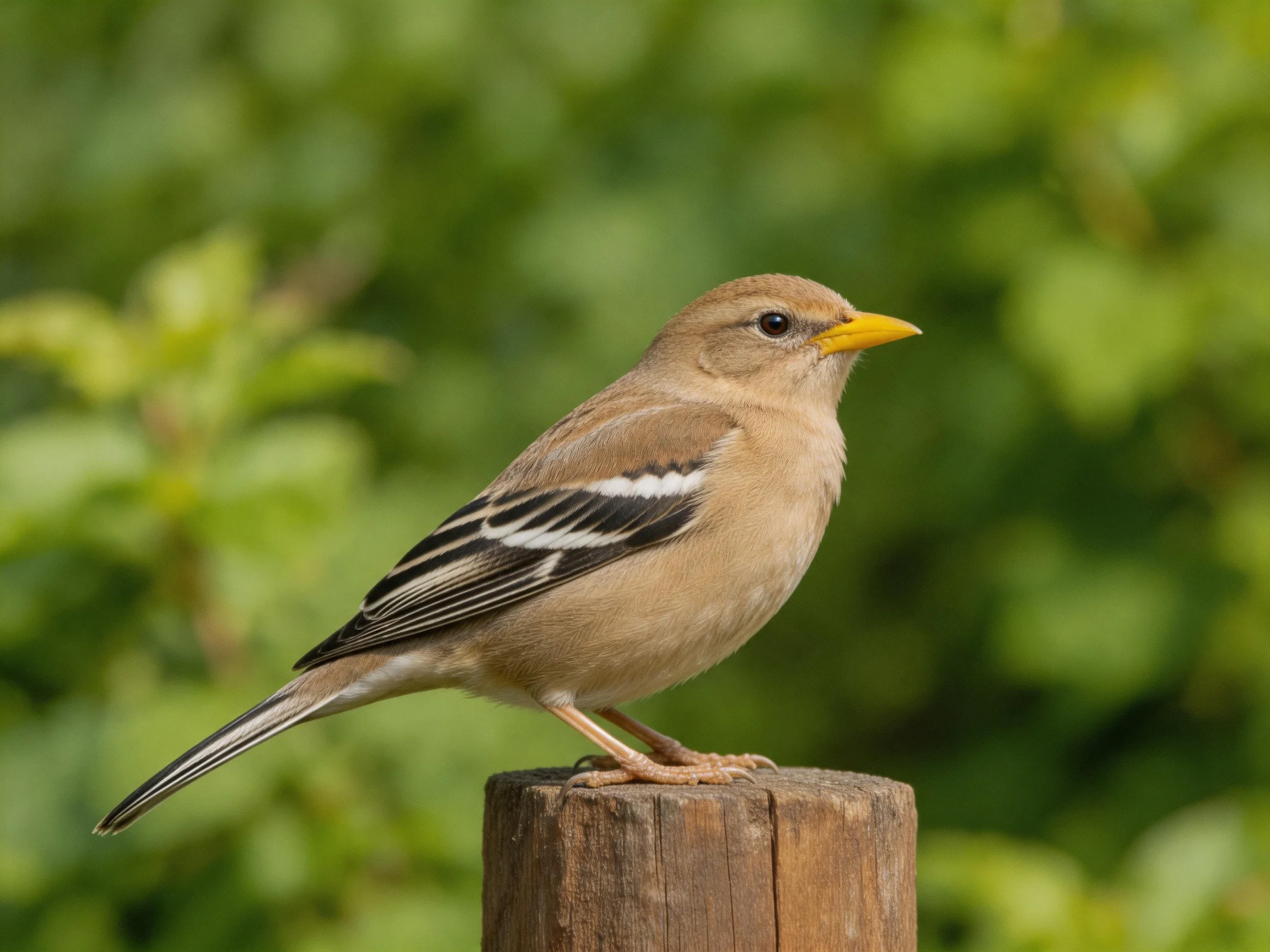 A small brown bird with distinctive wing markings sits on a wooden post amid greenery.