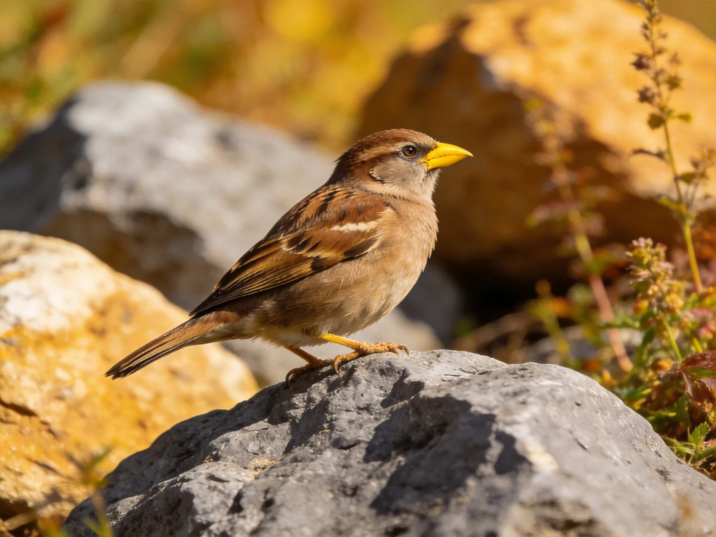 A small brown bird with a yellow beak sits atop a gray rock amid various stones.
