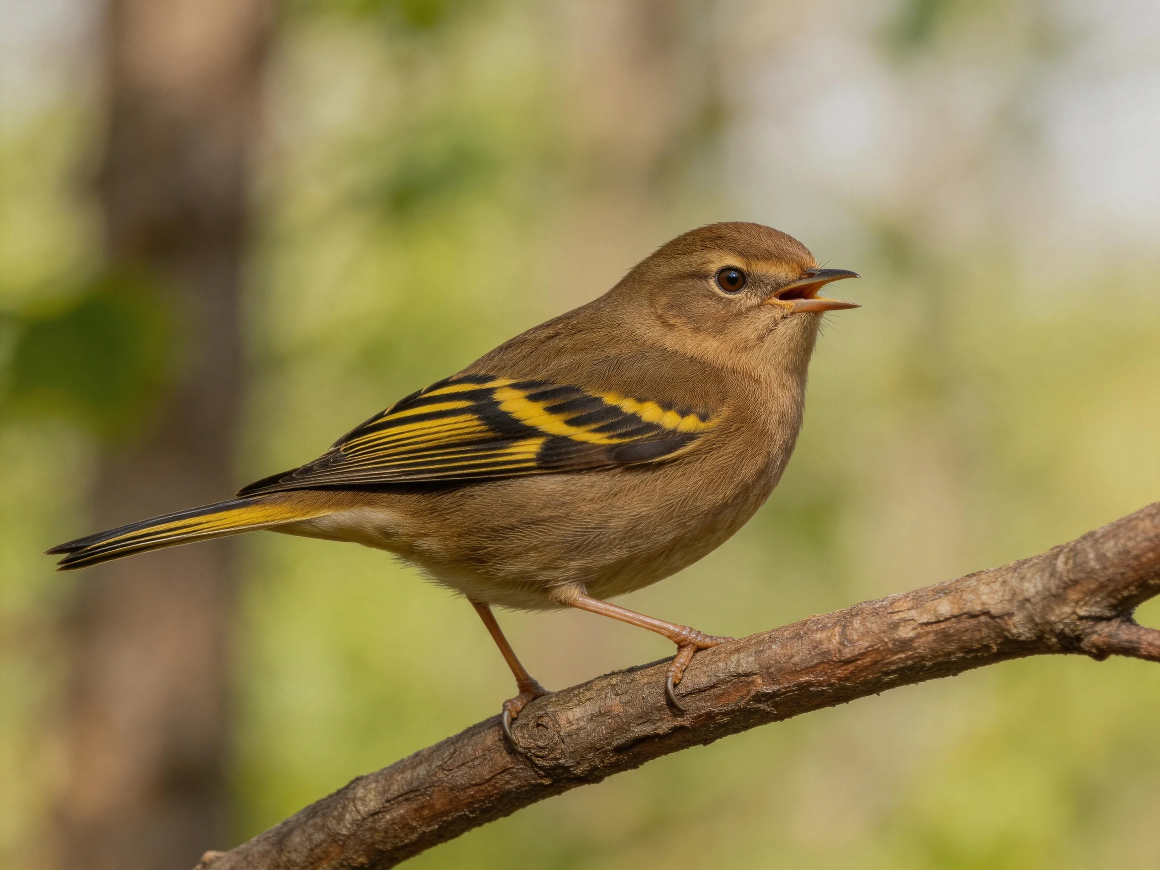 A small brown bird with yellow-black wing markings perched on a branch