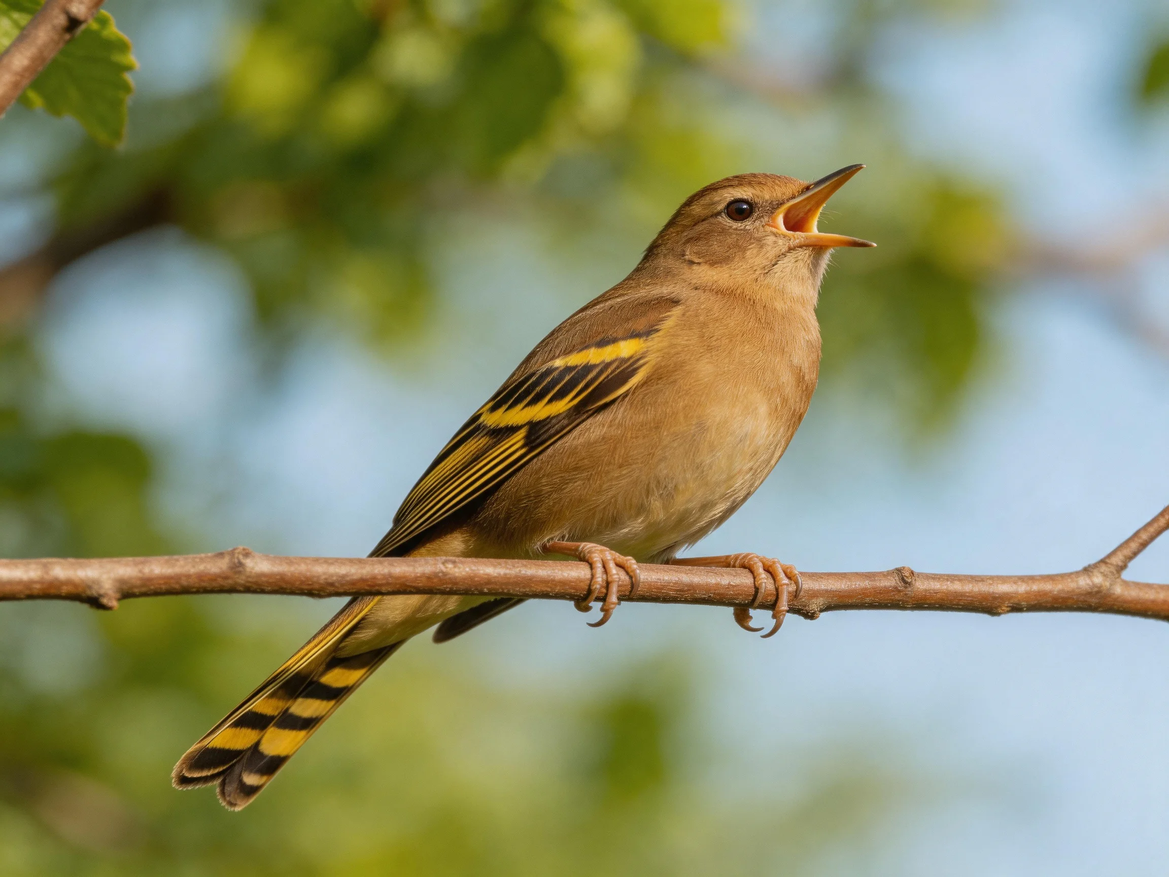 A small brown bird with colorful wing markings perches on a tree branch.