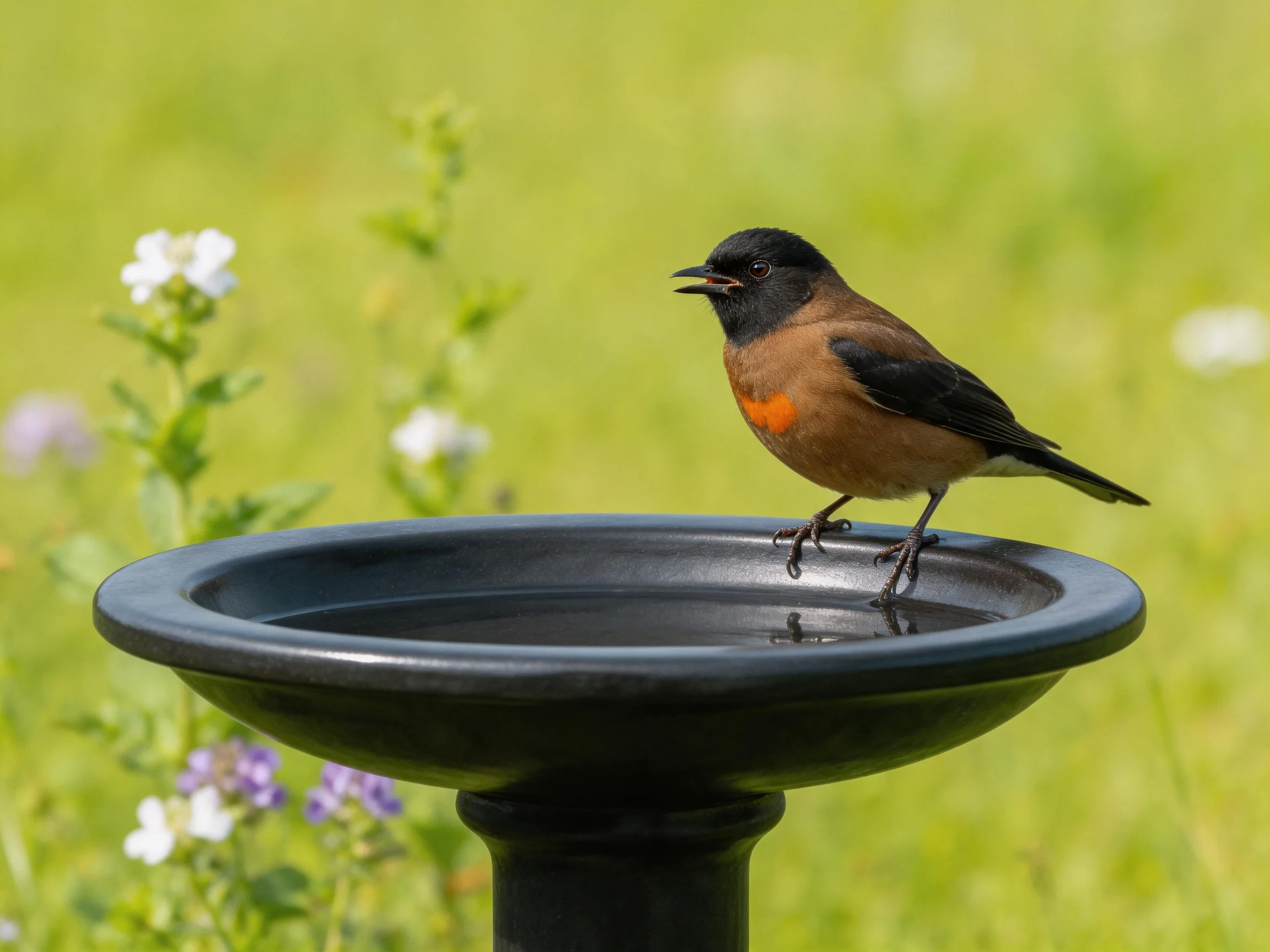 A small multicolored bird rests on a dark birdbath amid greenery.