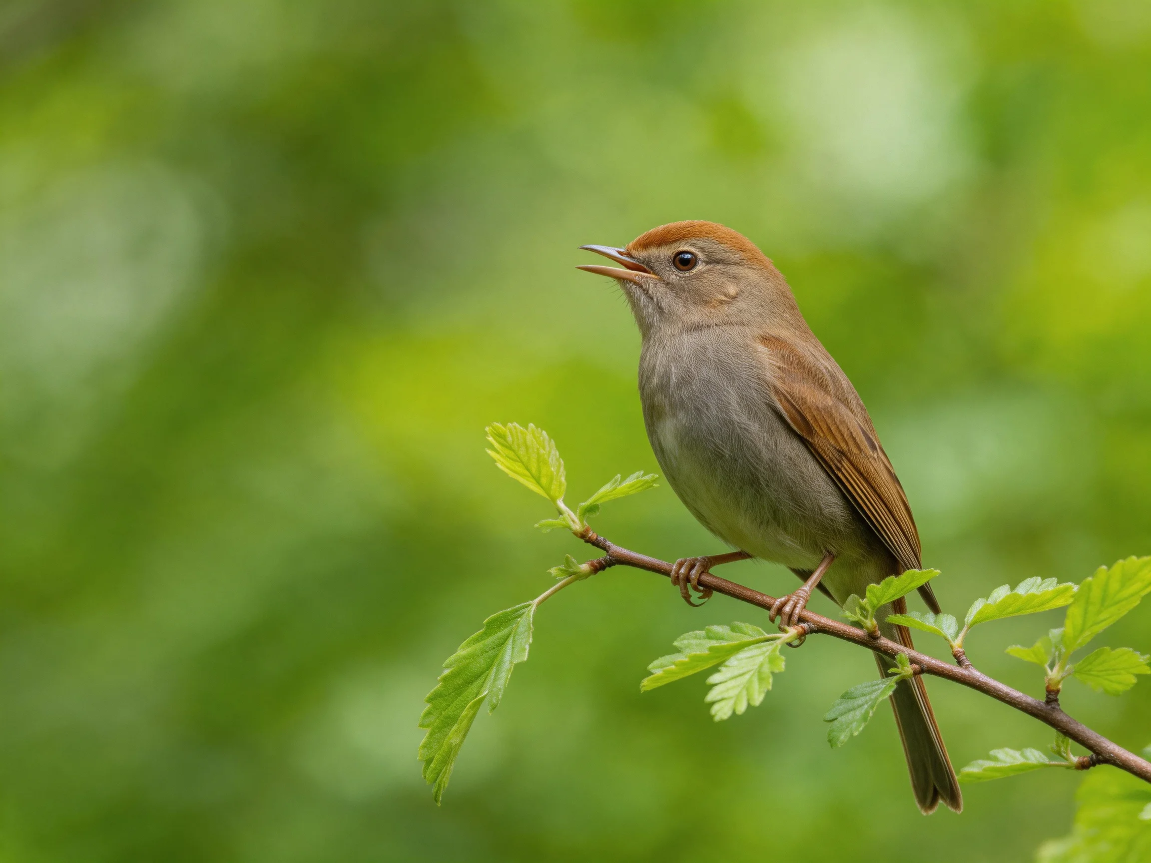 A small brown-capped bird perched on a leafy branch