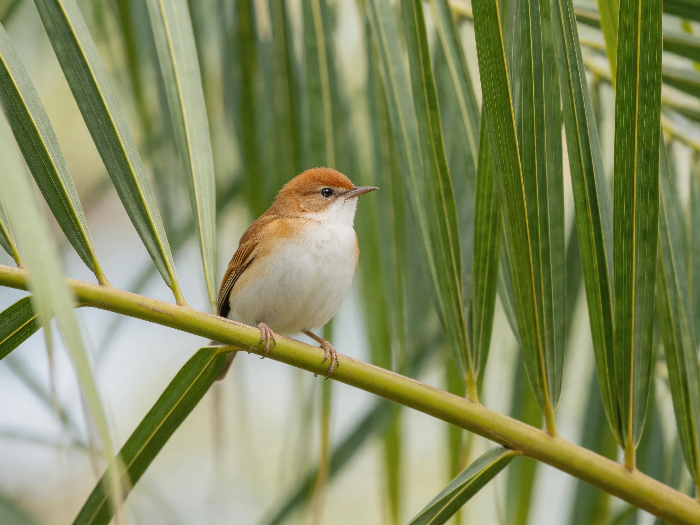 A small brown-capped bird perches on a green branch amid palm leaves