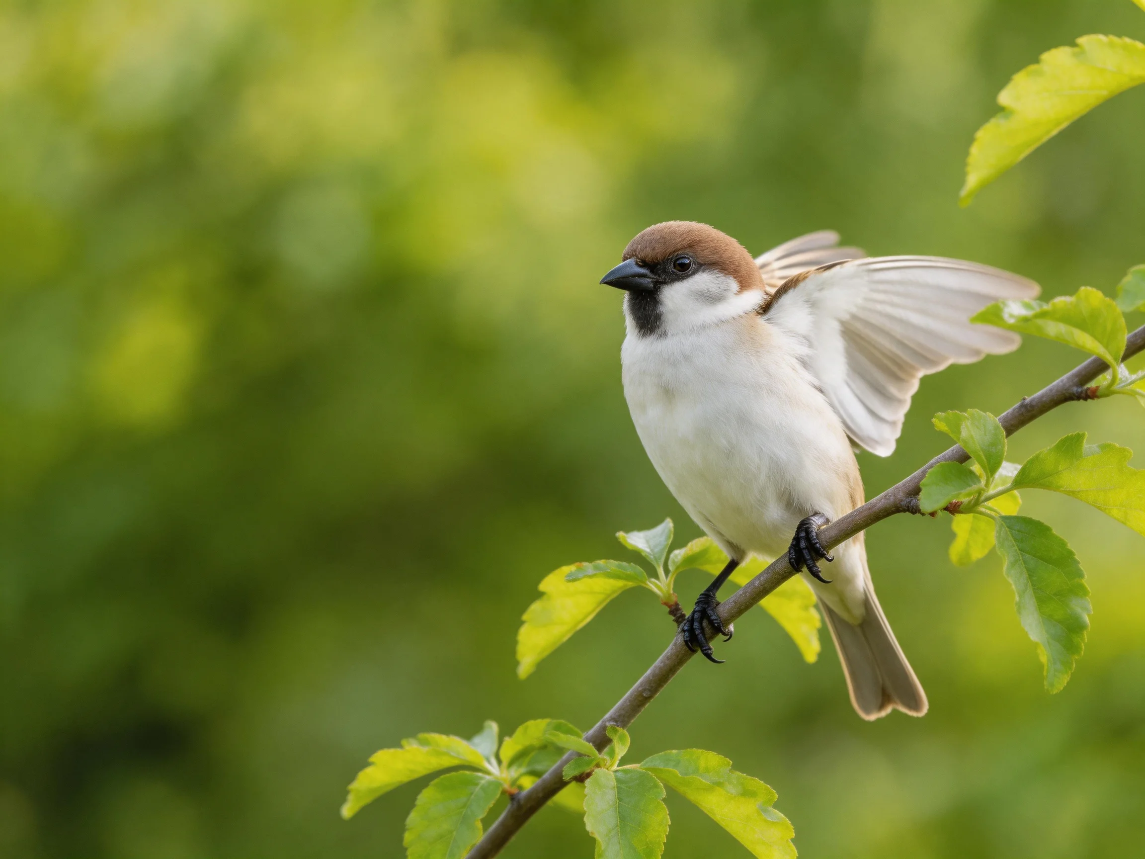 A small brown-capped sparrow spreads wing on a leafy branch