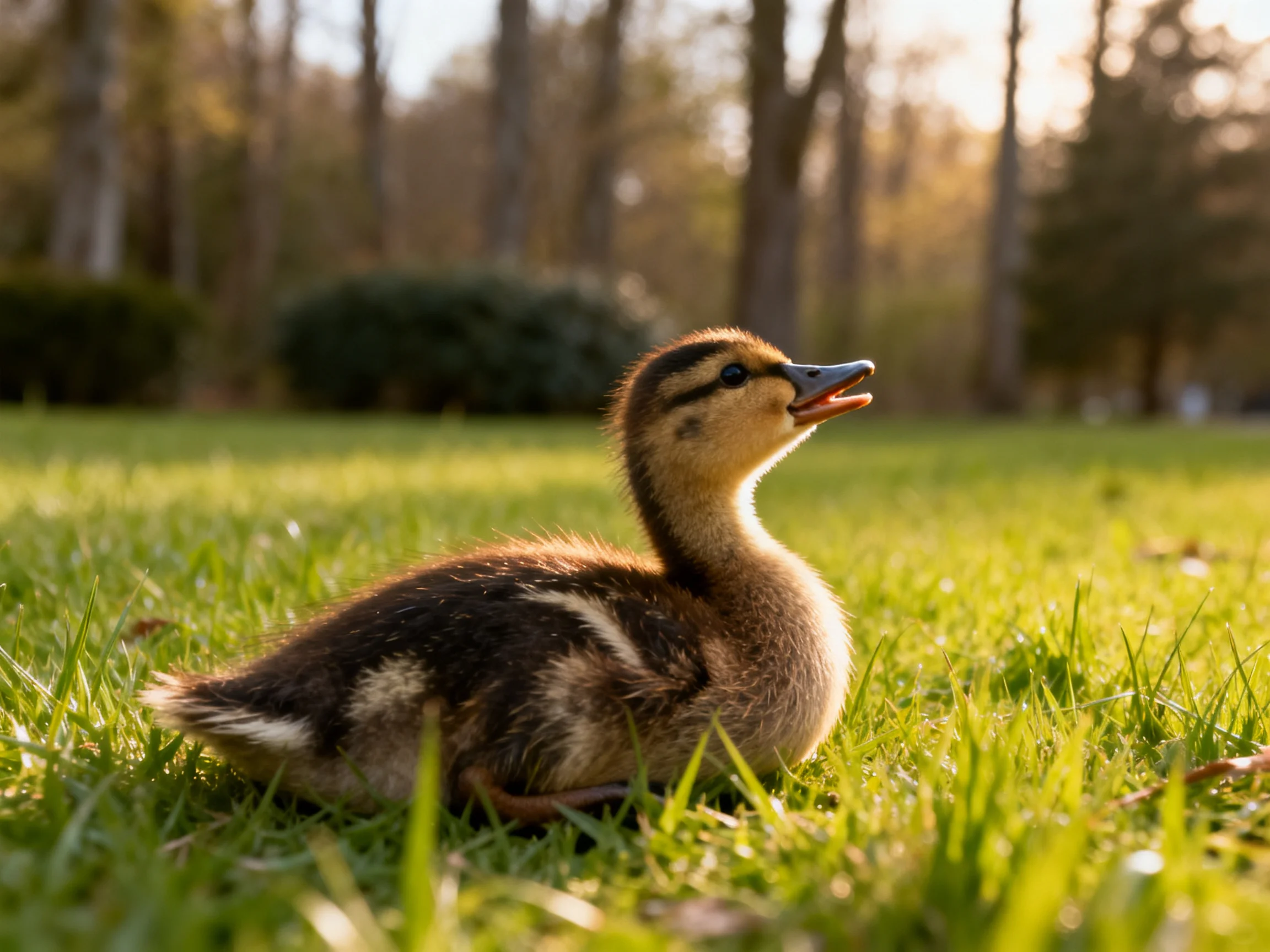 A small brown duckling resting on green grass near trees