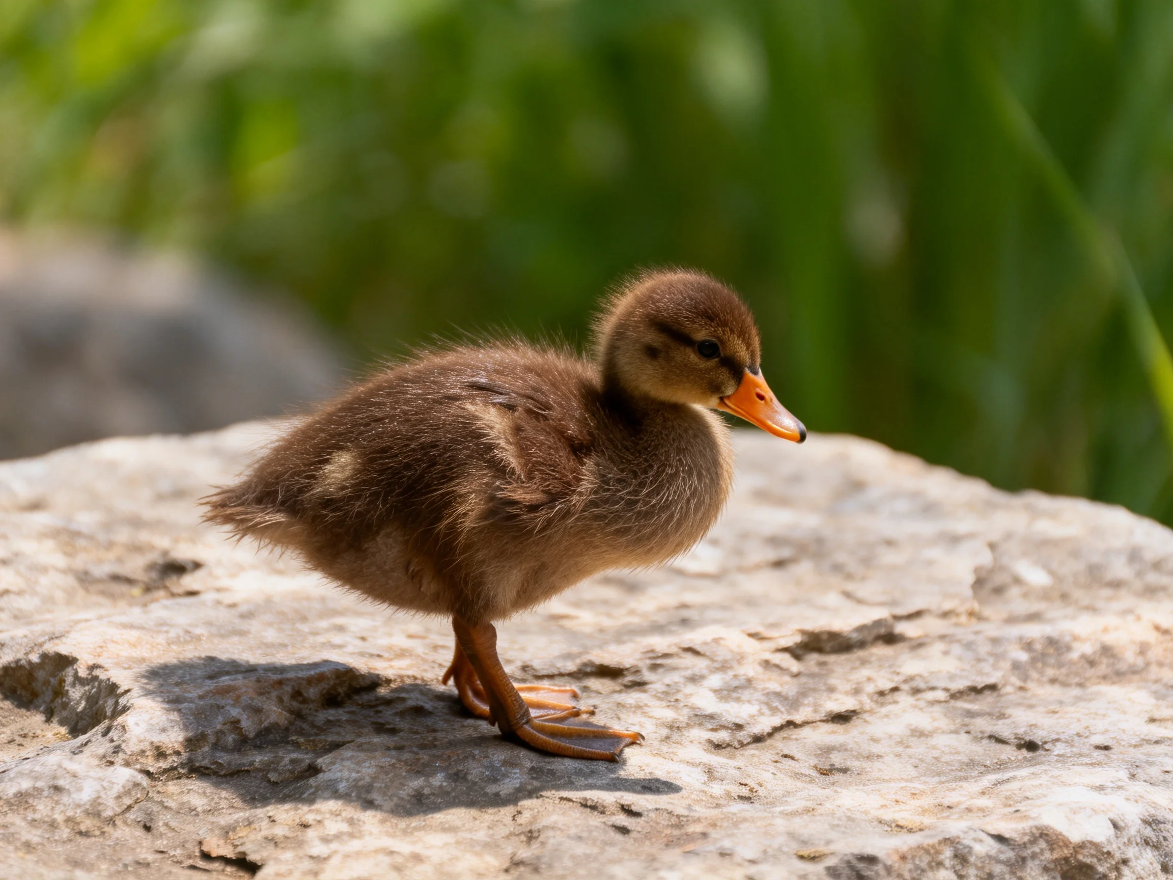 A small brown duckling stands on a textured stone surface near lush greenery.