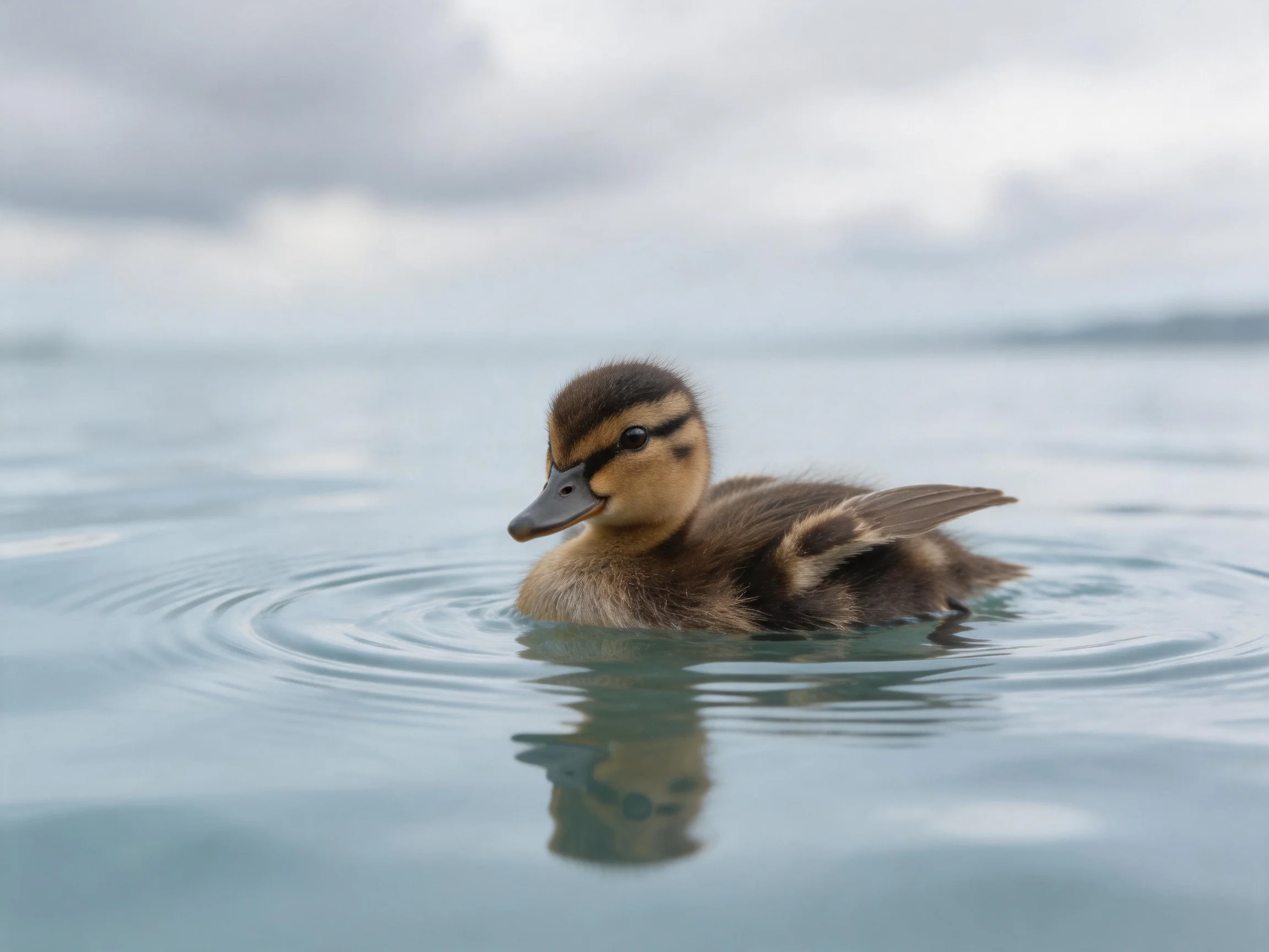A small brown duckling swims in calm blue water under an overcast sky