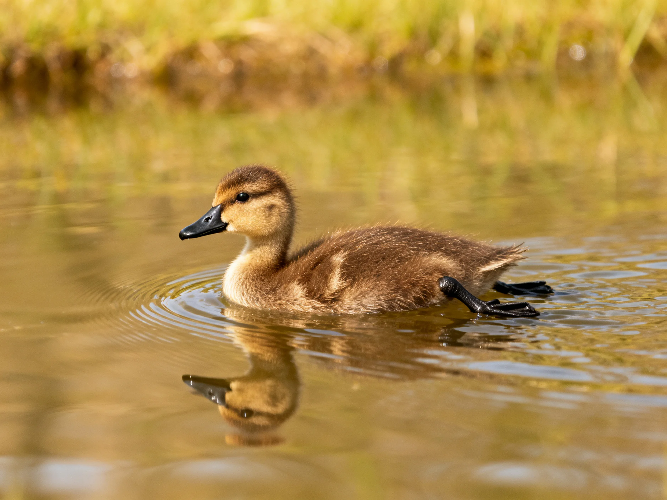 A small brown duckling swims in calm, reflective water