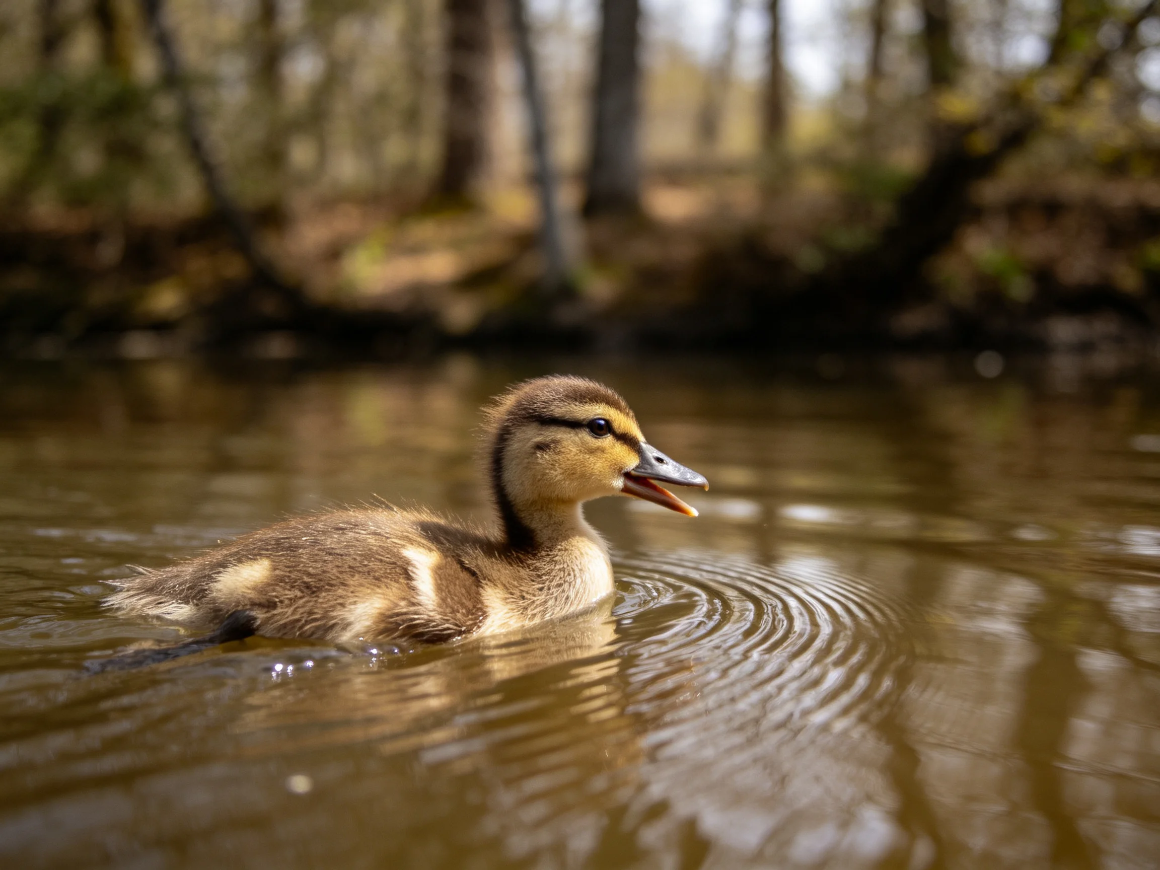 A small brown duckling swims in calm water near trees