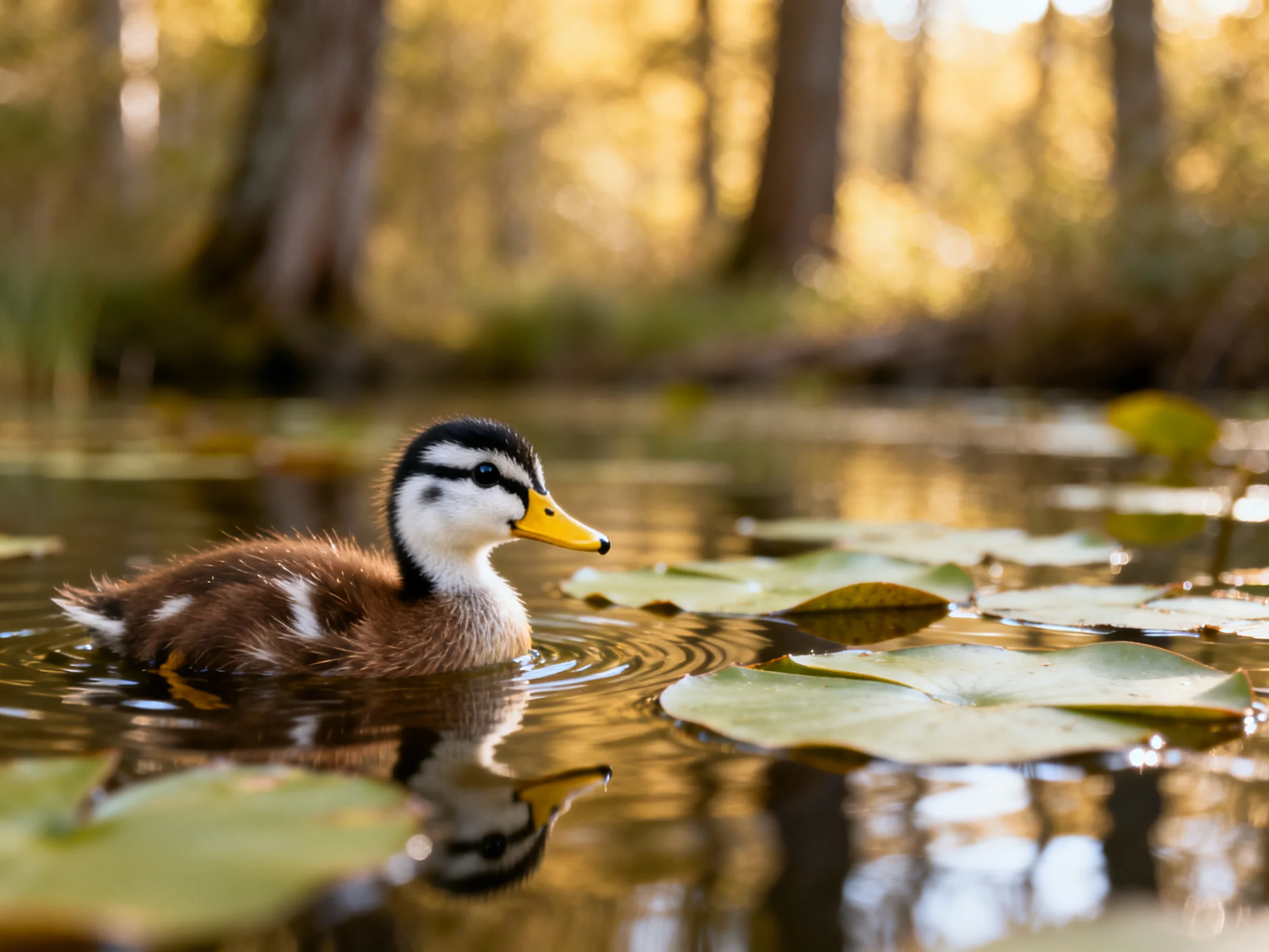 A small brown duckling swims near green lily pads in a sunlit forest pond