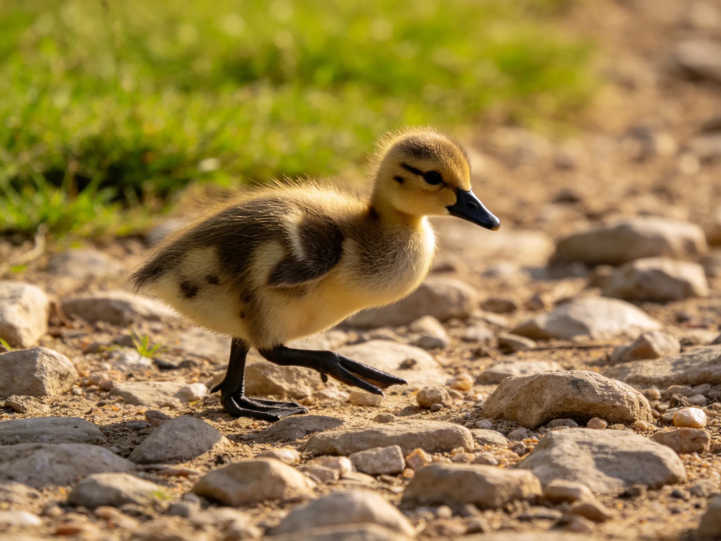 A small brown duckling walking on rocky terrain near green grass