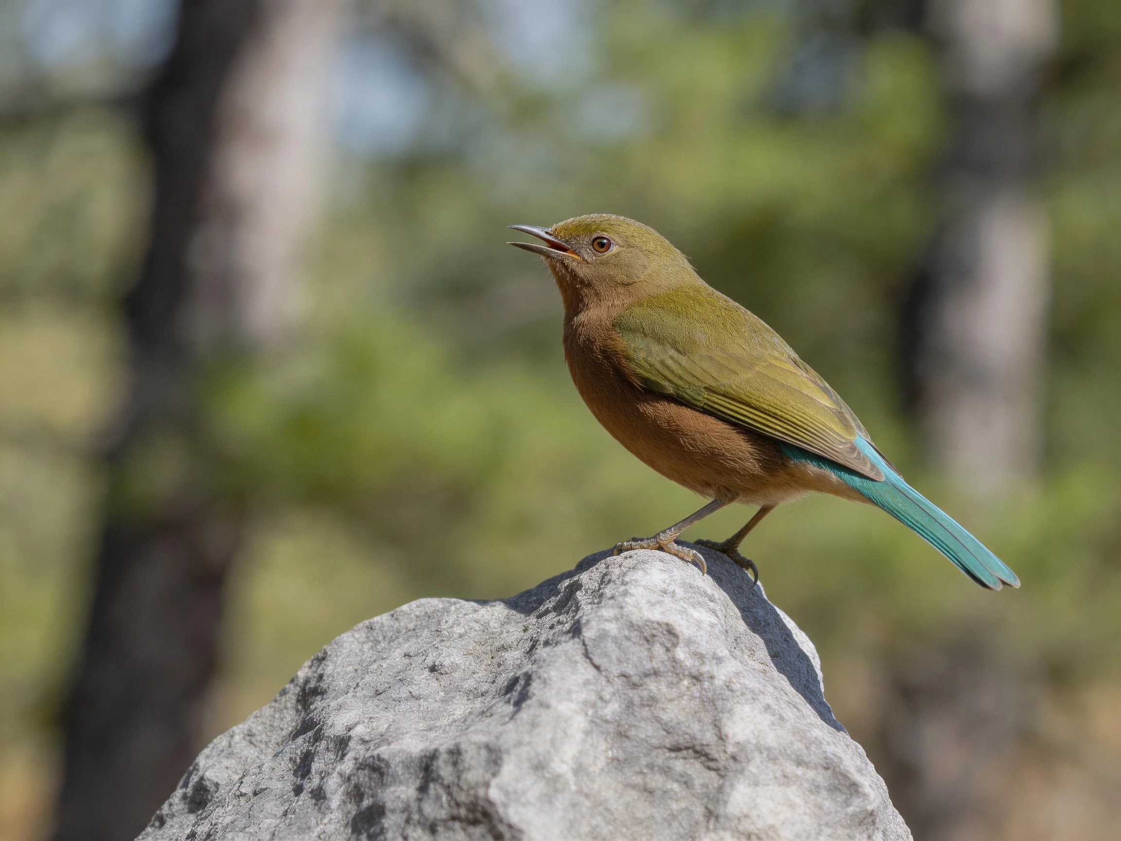 A small brown-green bird with turquoise tail perched on a gray rock