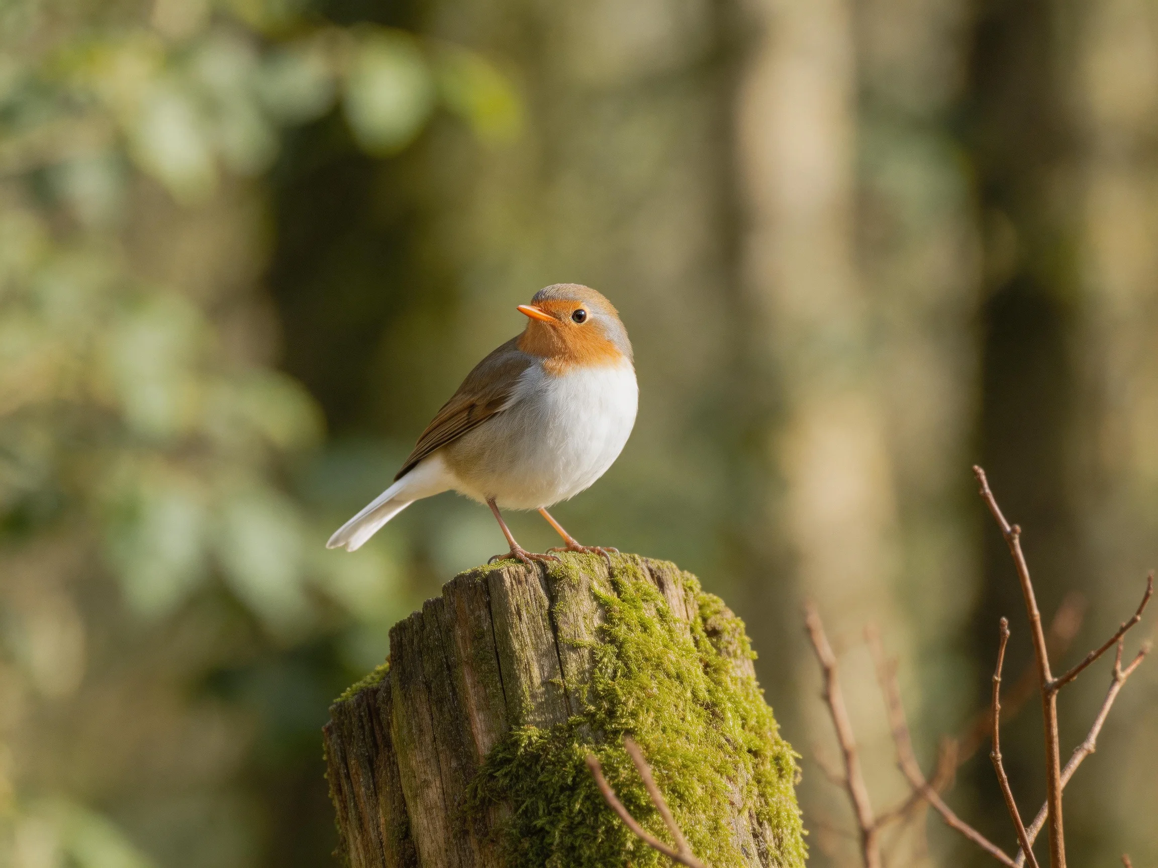A small brown-headed bird perched on a moss-covered wooden stump