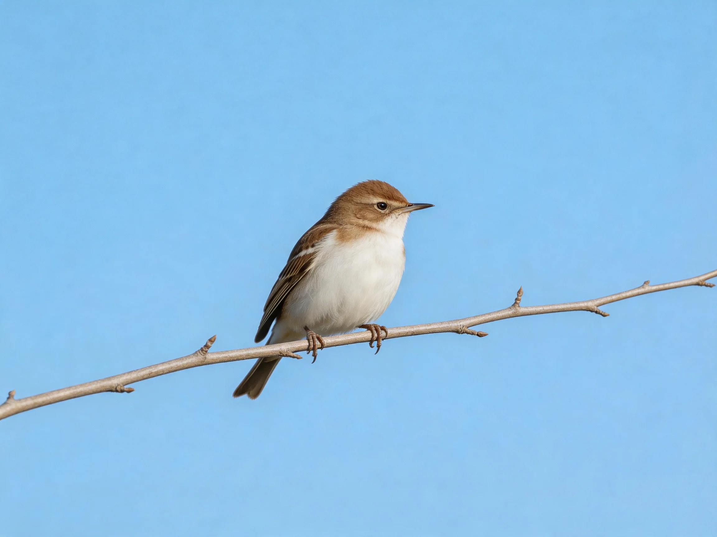 A small brown-headed bird perches on a bare gray branch amid clear blue sky