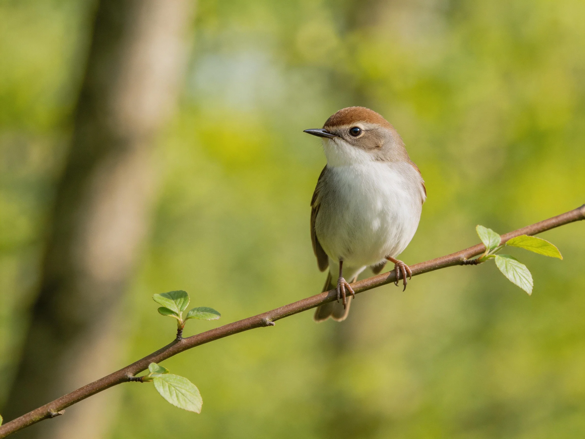 A small brown-headed bird perches on a leafy branch