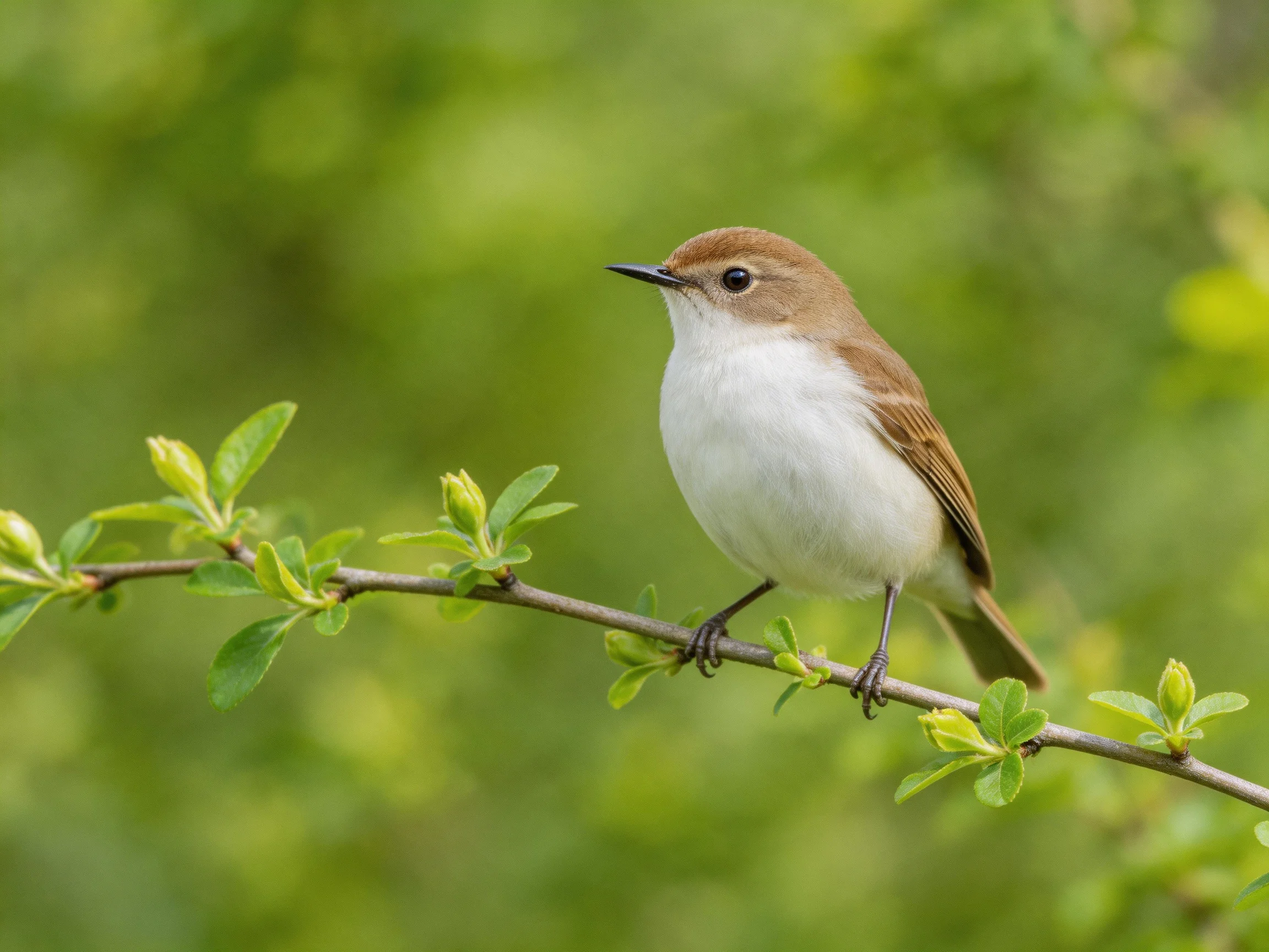 A small brown-headed bird perches on a leafy branch