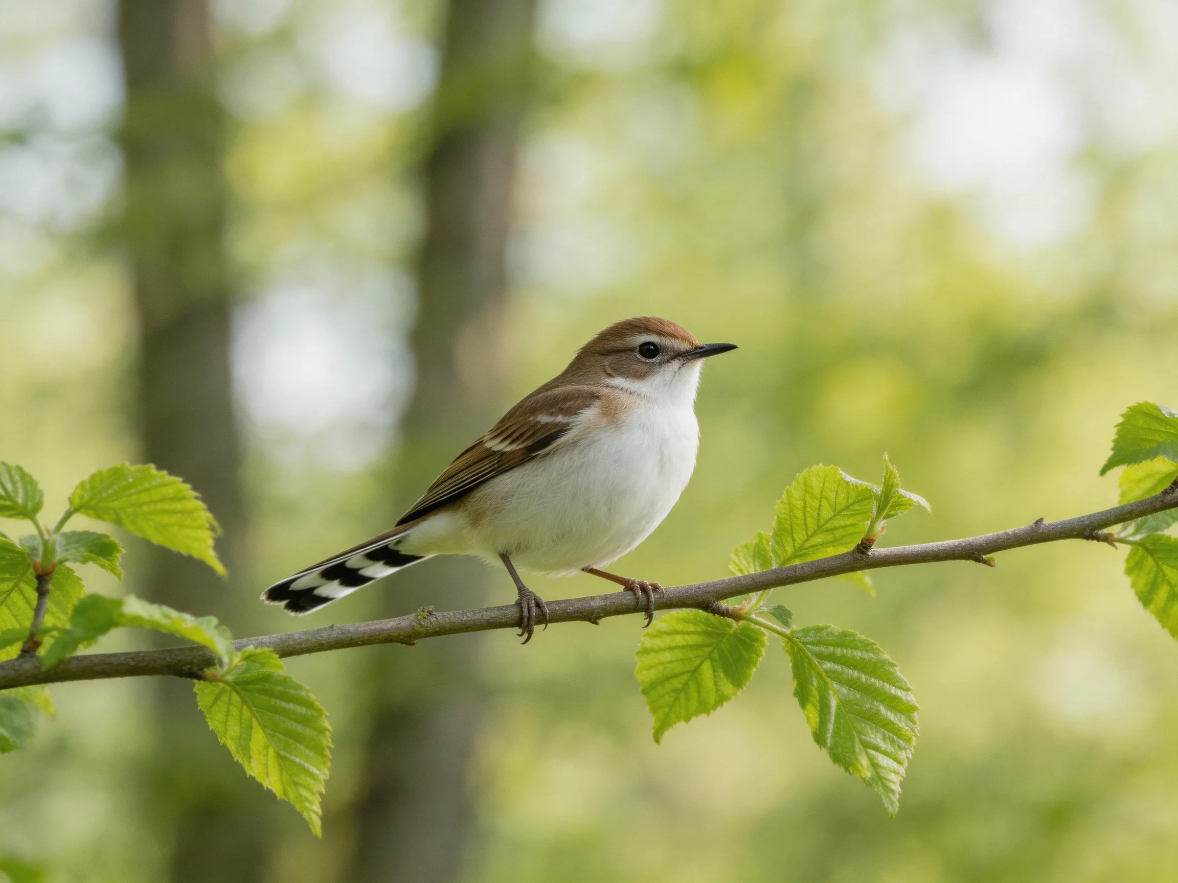 A small brown-headed bird perches on a leafy tree branch
