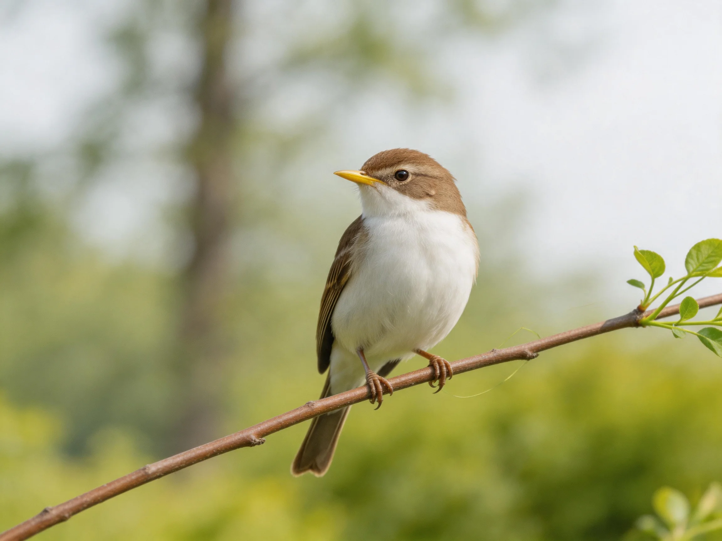 A small brown-headed bird perches on a slender branch