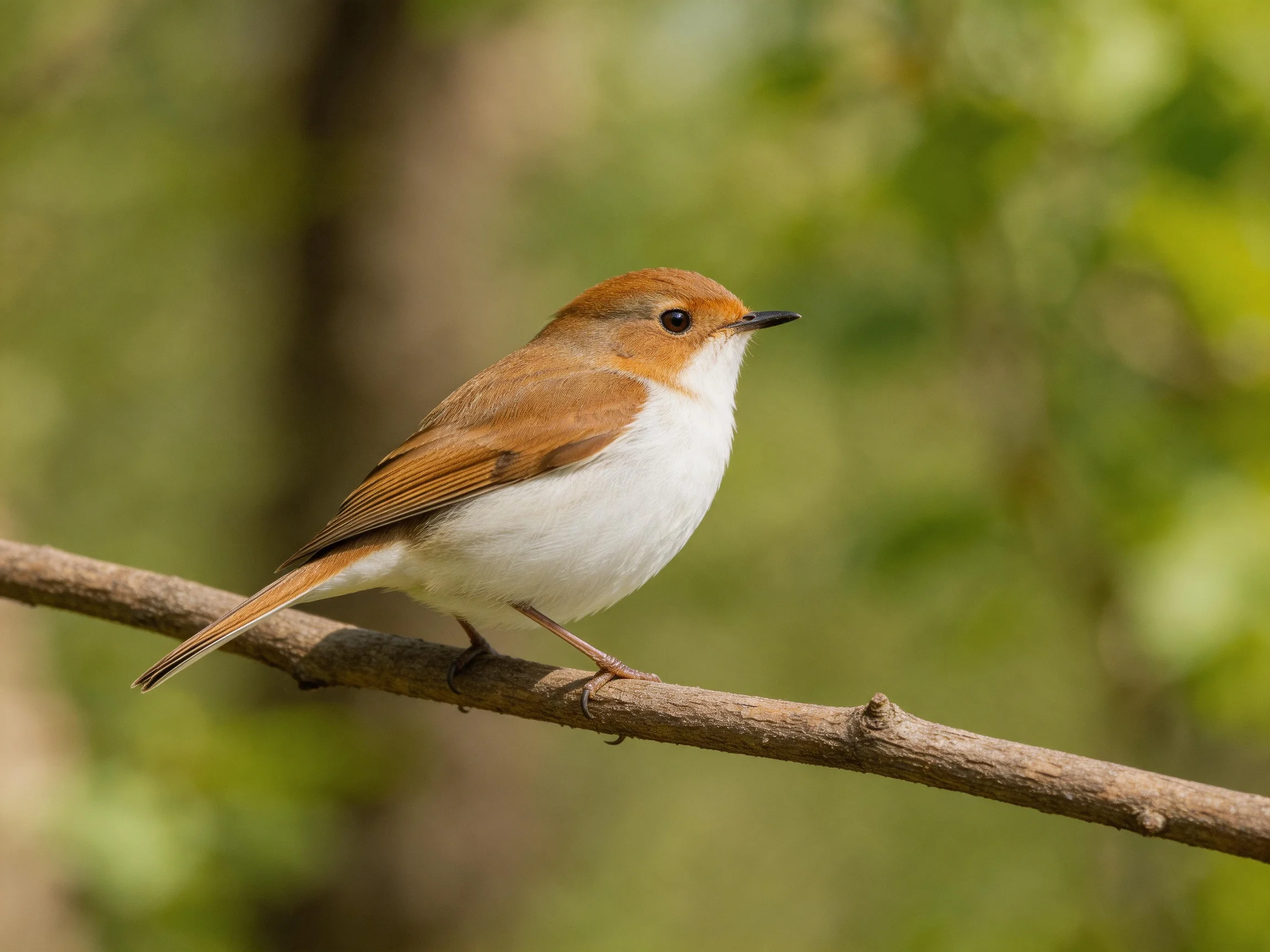 A small brown-headed bird perches on a thin tree branch