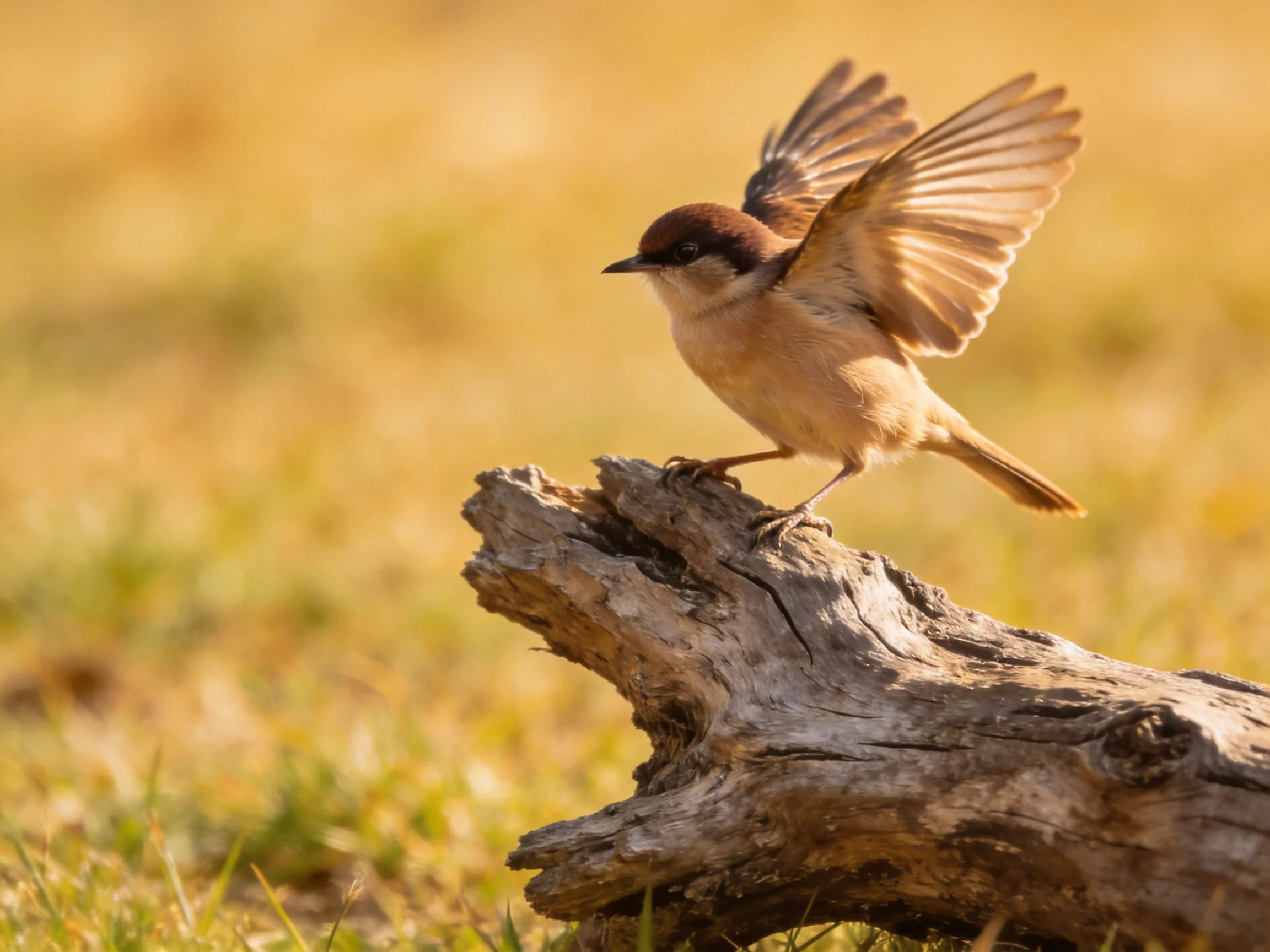A small brown-headed bird spreads wings on a weathered log