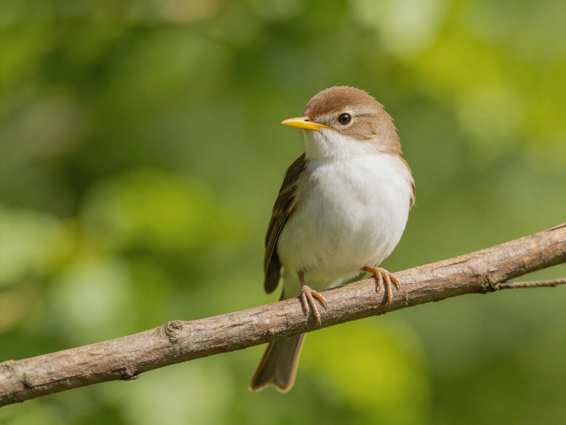 A small brown-headed bird with a yellow beak rests on a tree branch.