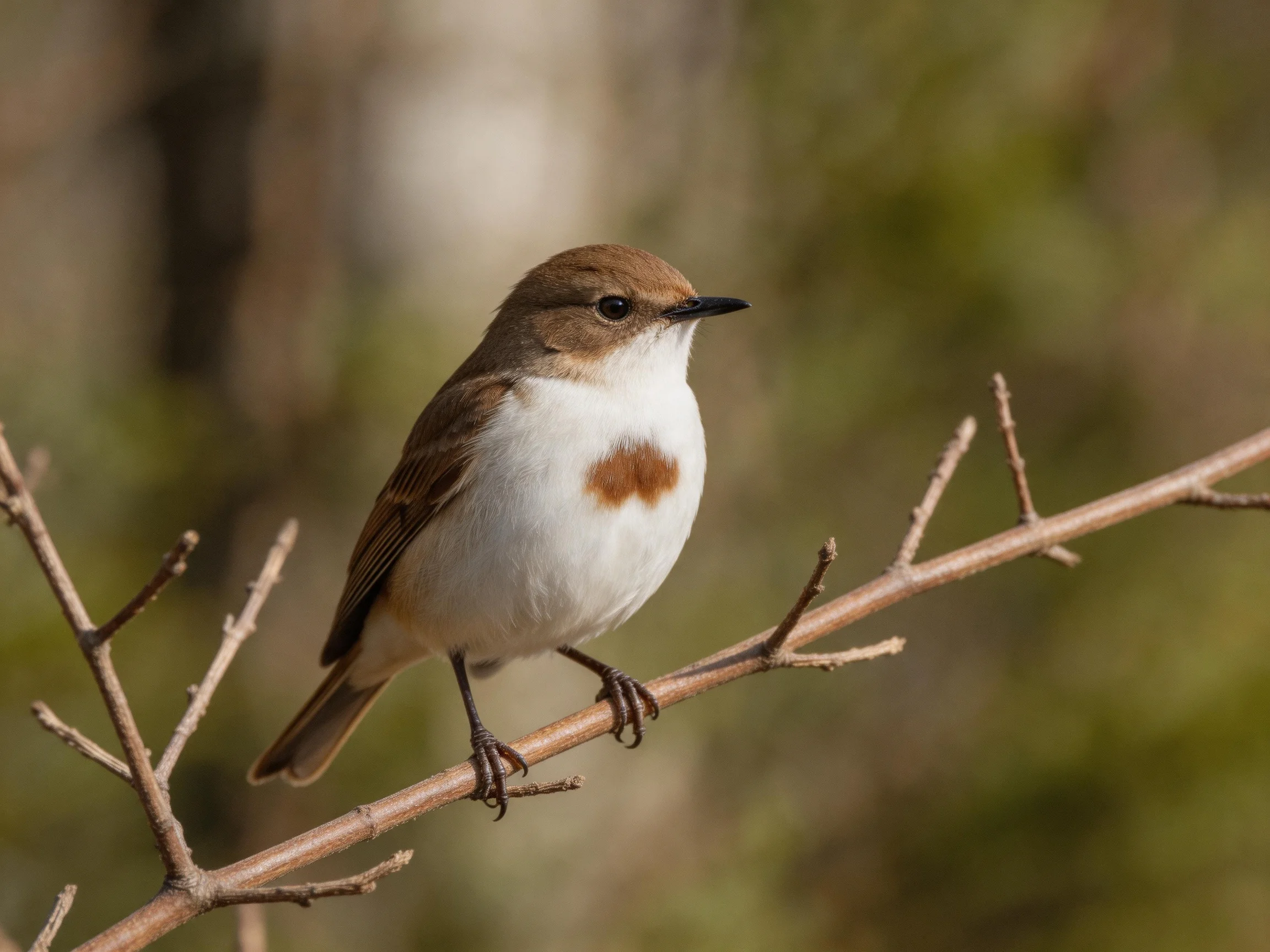 A small brown-headed bird with white chest perched on a bare branch
