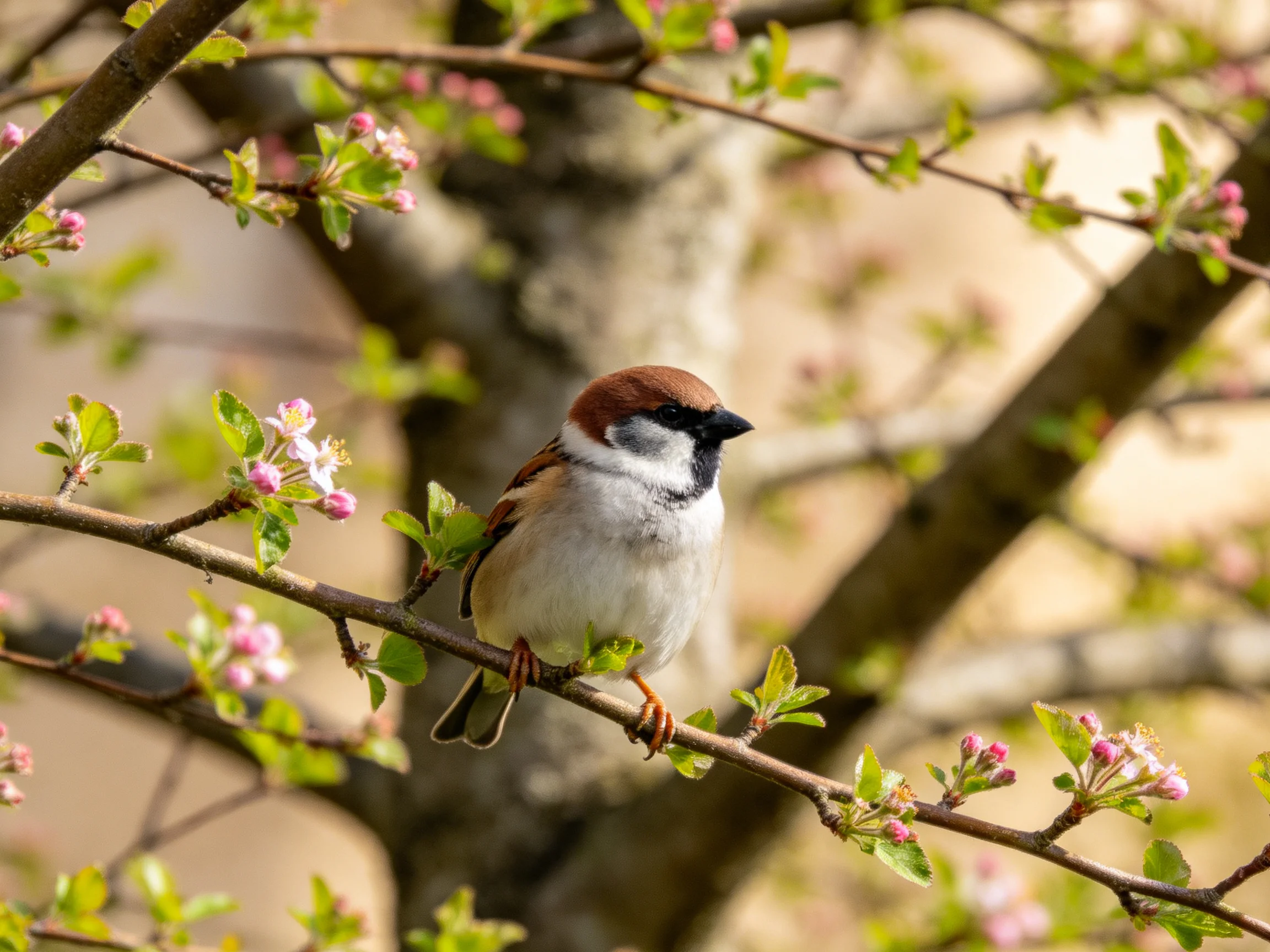 A small brown-headed sparrow perches among pink blossoms