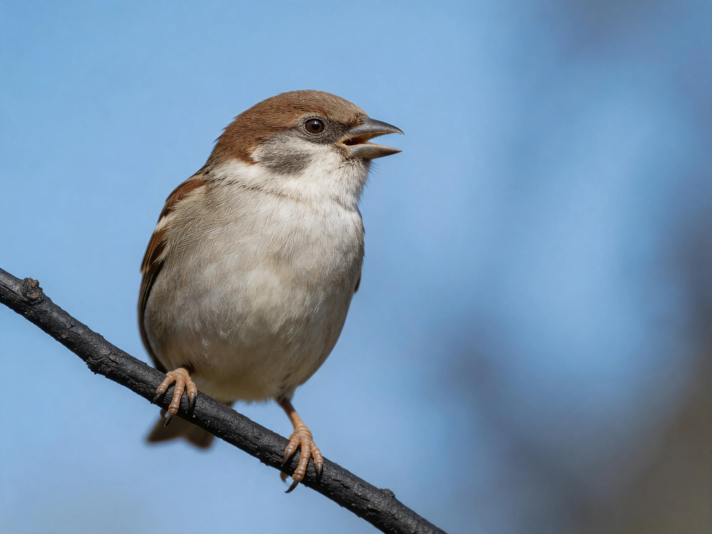 A small brown-headed sparrow perches on a dark branch