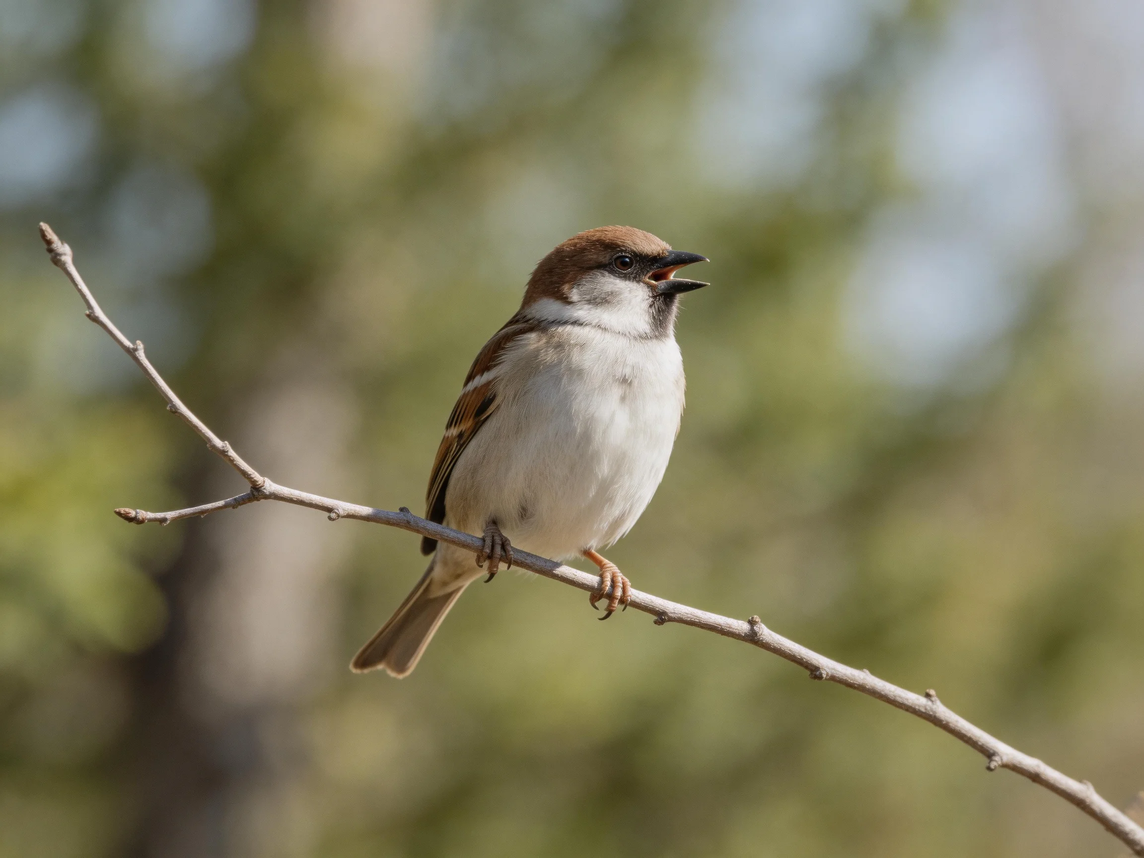 A small brown-headed sparrow perches on a slender branch
