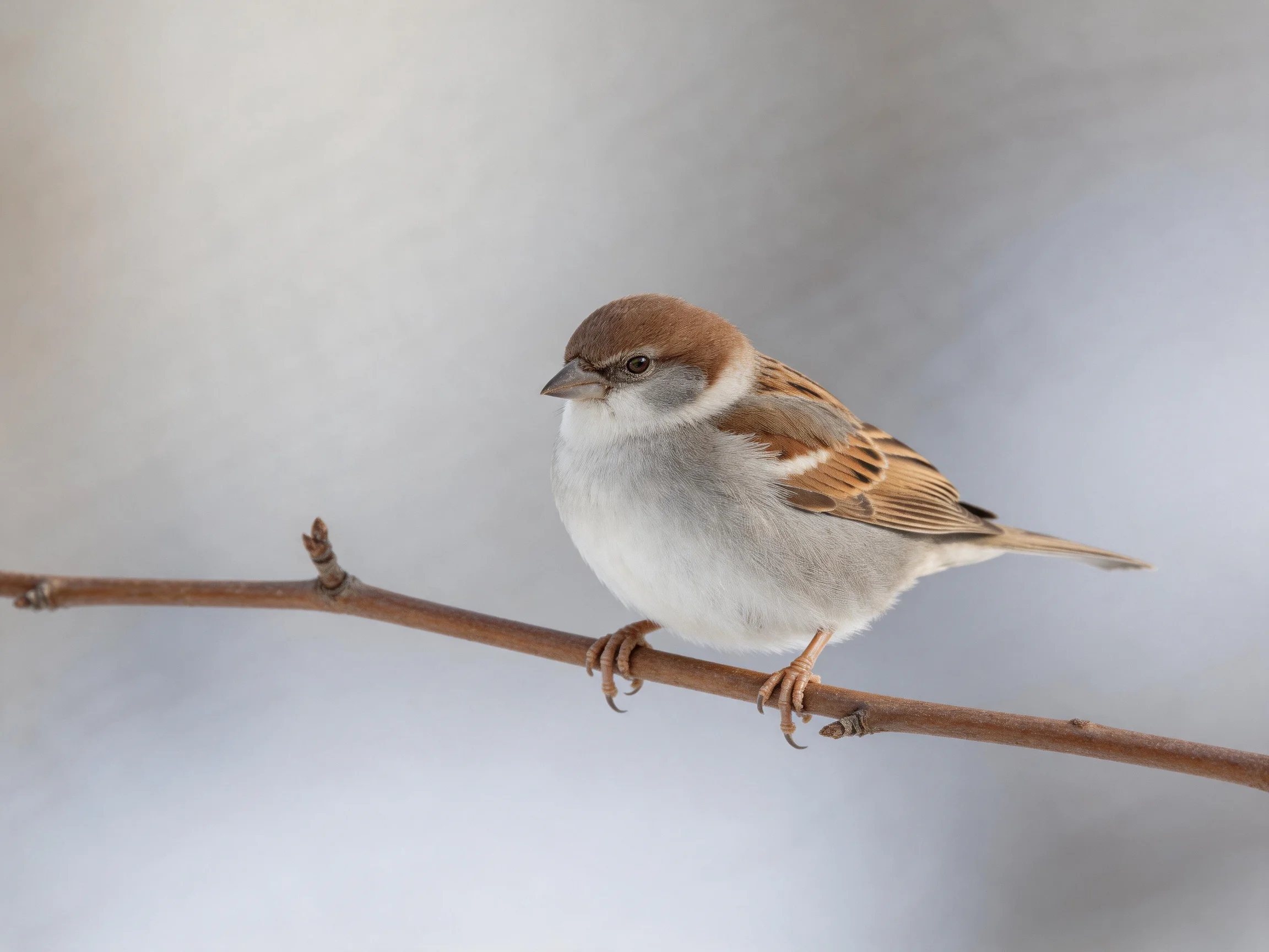 A small brown-headed sparrow perches on a slender brown branch.