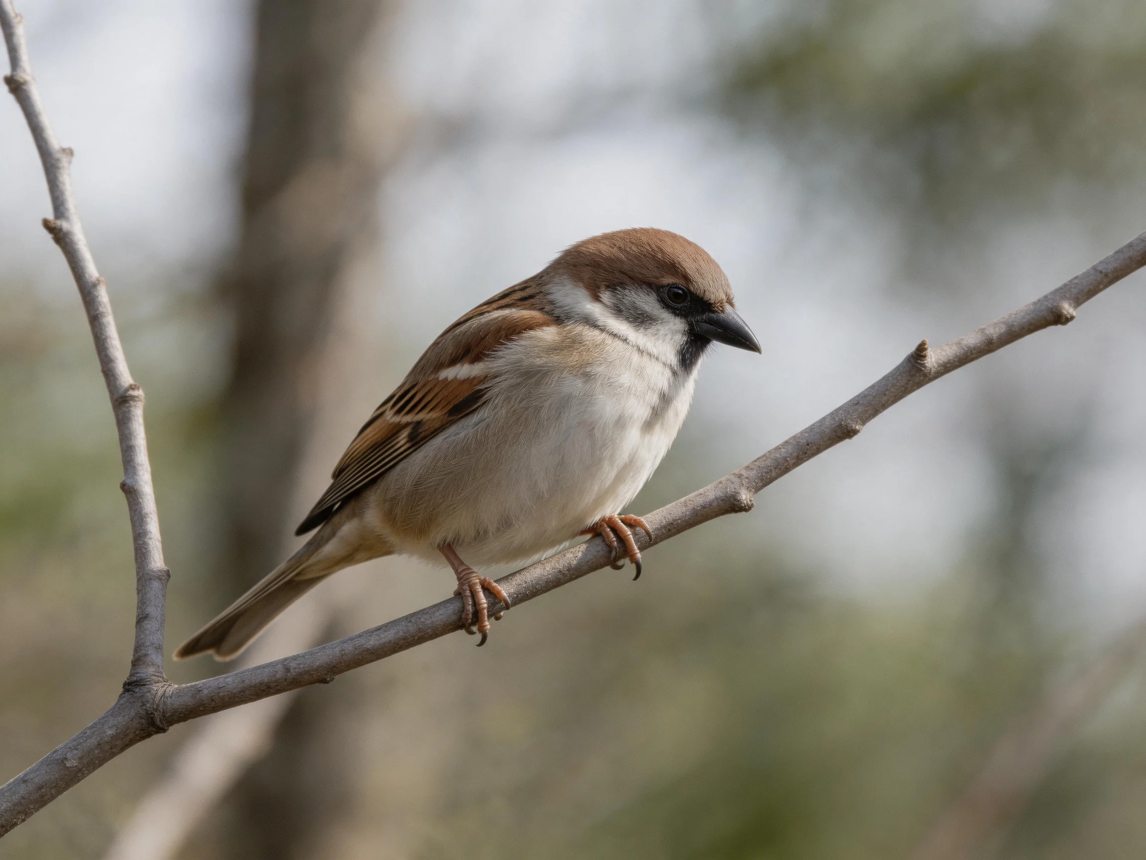 A small brown-headed sparrow perches on a slender gray branch