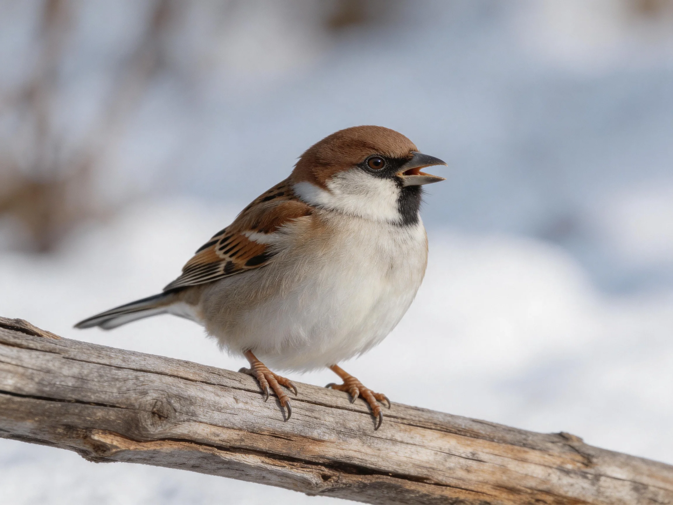 A small brown-headed sparrow perches on a weathered branch near snow