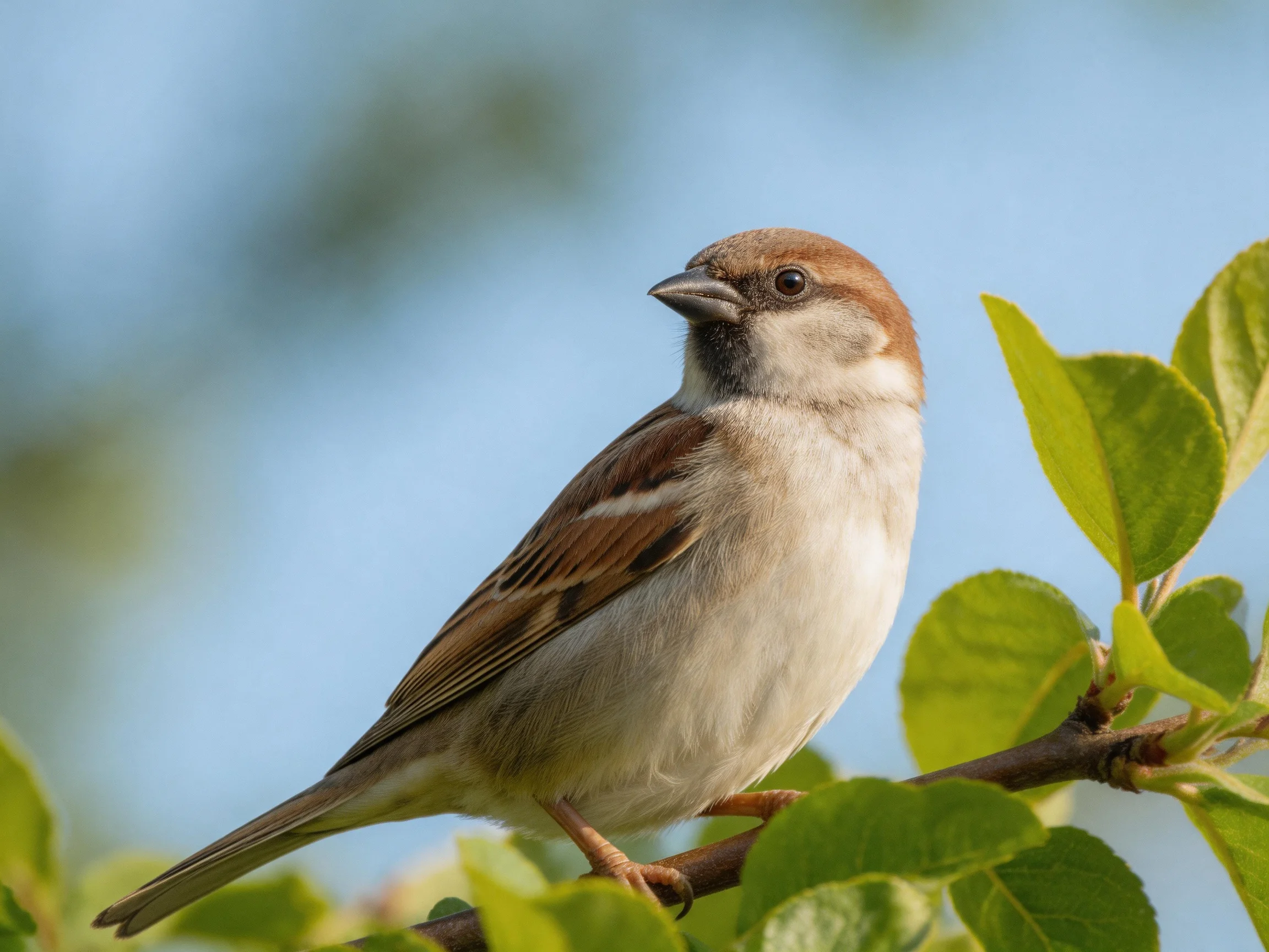 A small brown-headed sparrow perches on vibrant green foliage