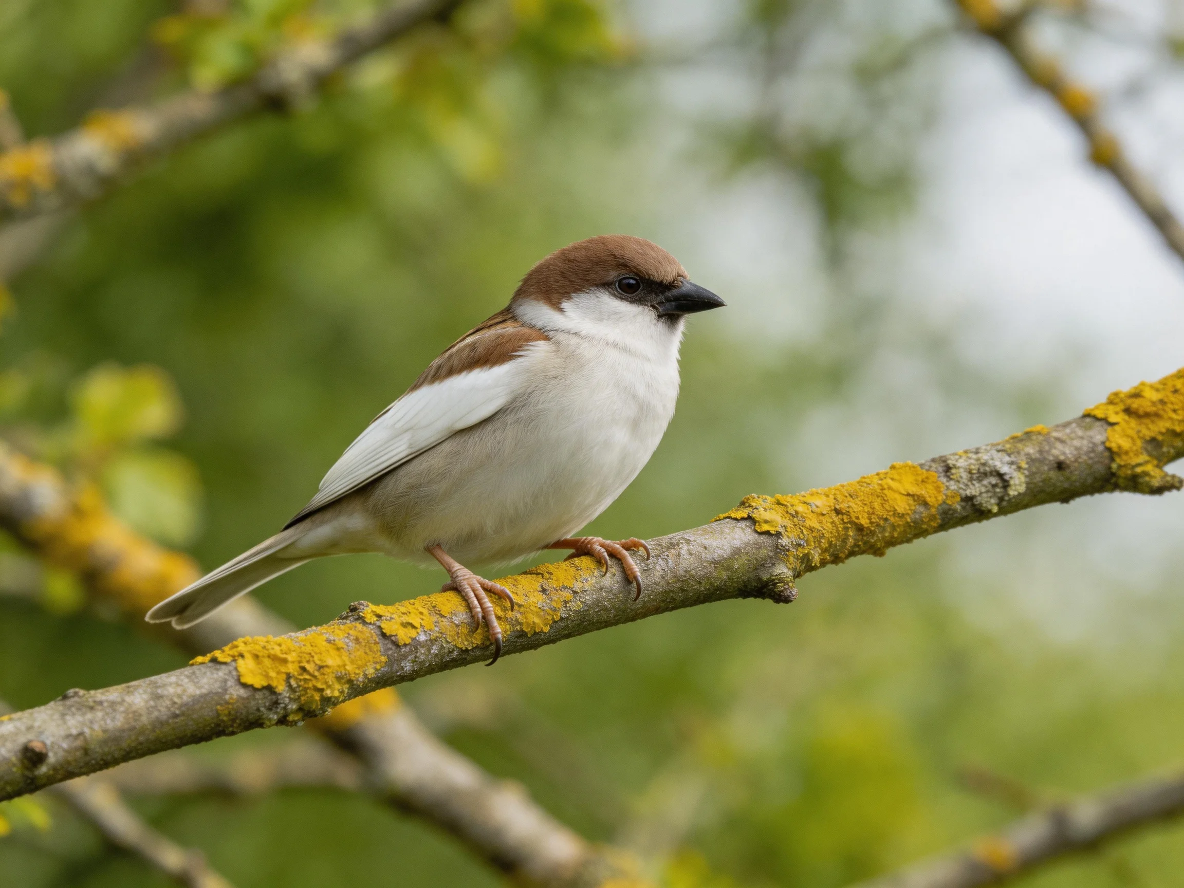 A small brown-headed sparrow rests on a lichen-covered tree branch