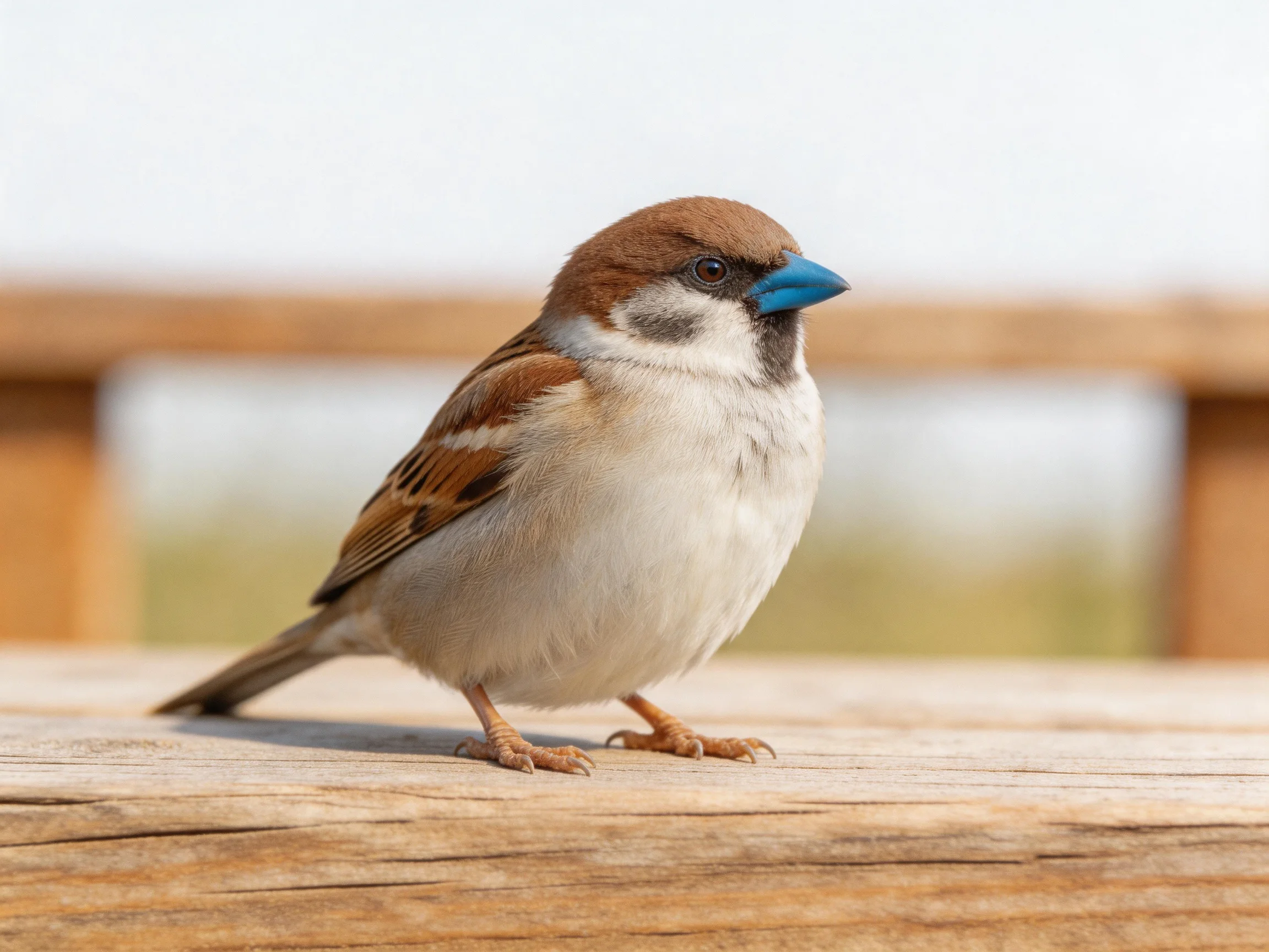 A small brown-headed sparrow with blue beak perched on weathered wood