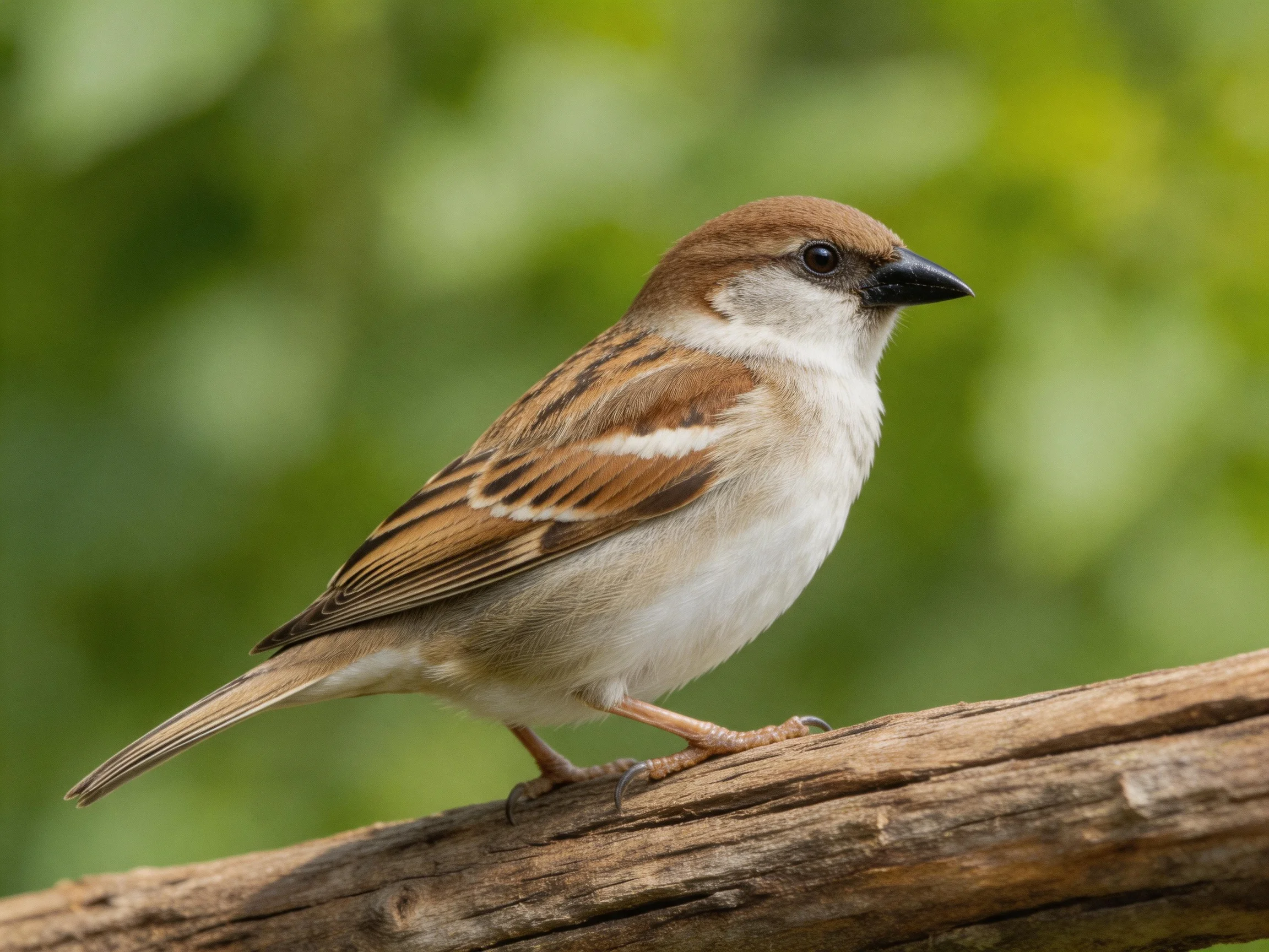A small brown-headed sparrow with striped wings perched on a wooden branch