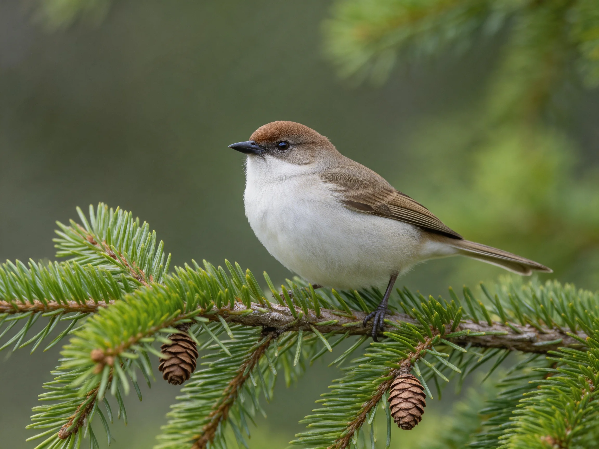 A small brown-headedbird perched on a green pine branch with cones
