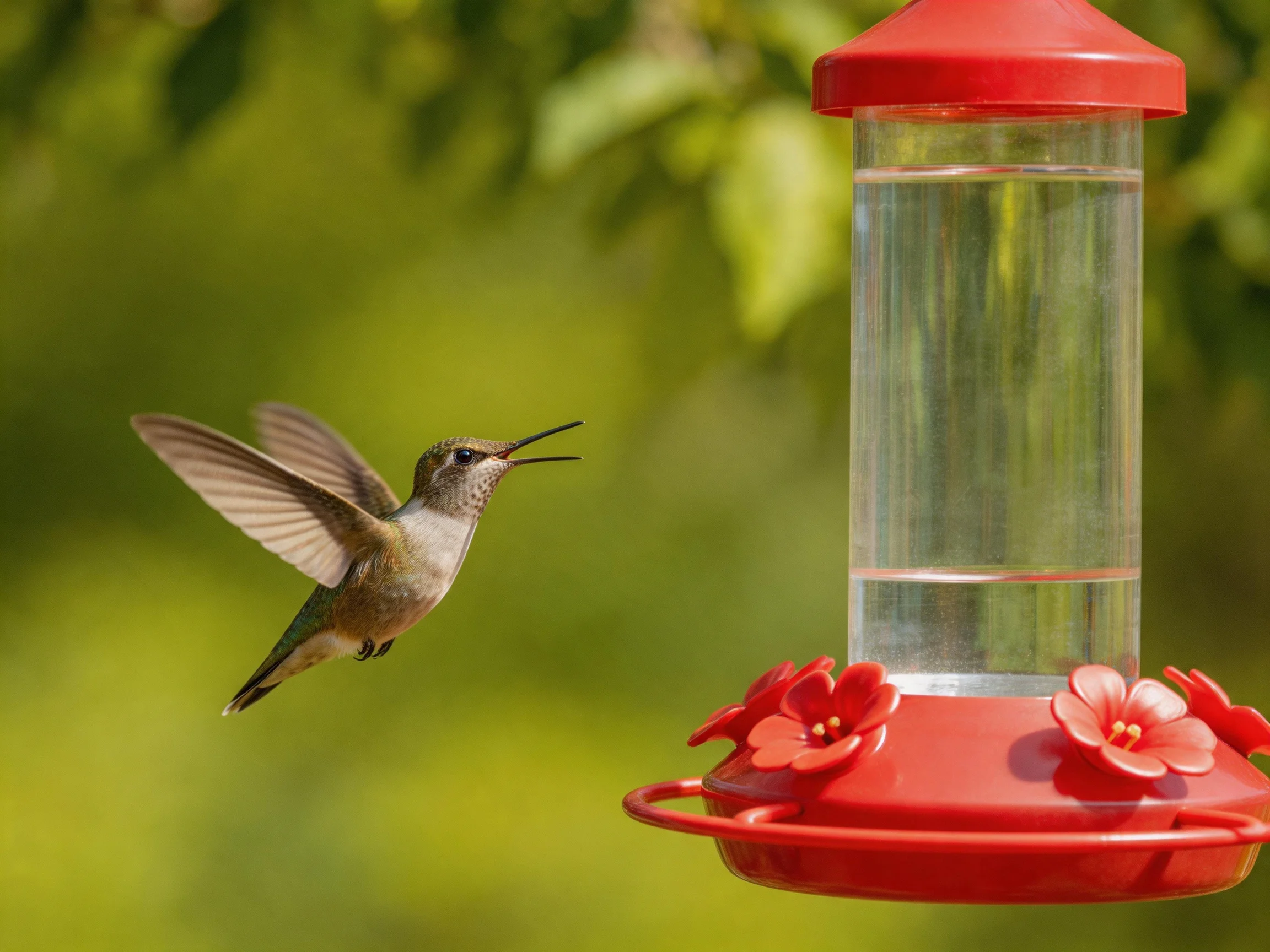 A small brown hummingbird approaching a red floral feeder