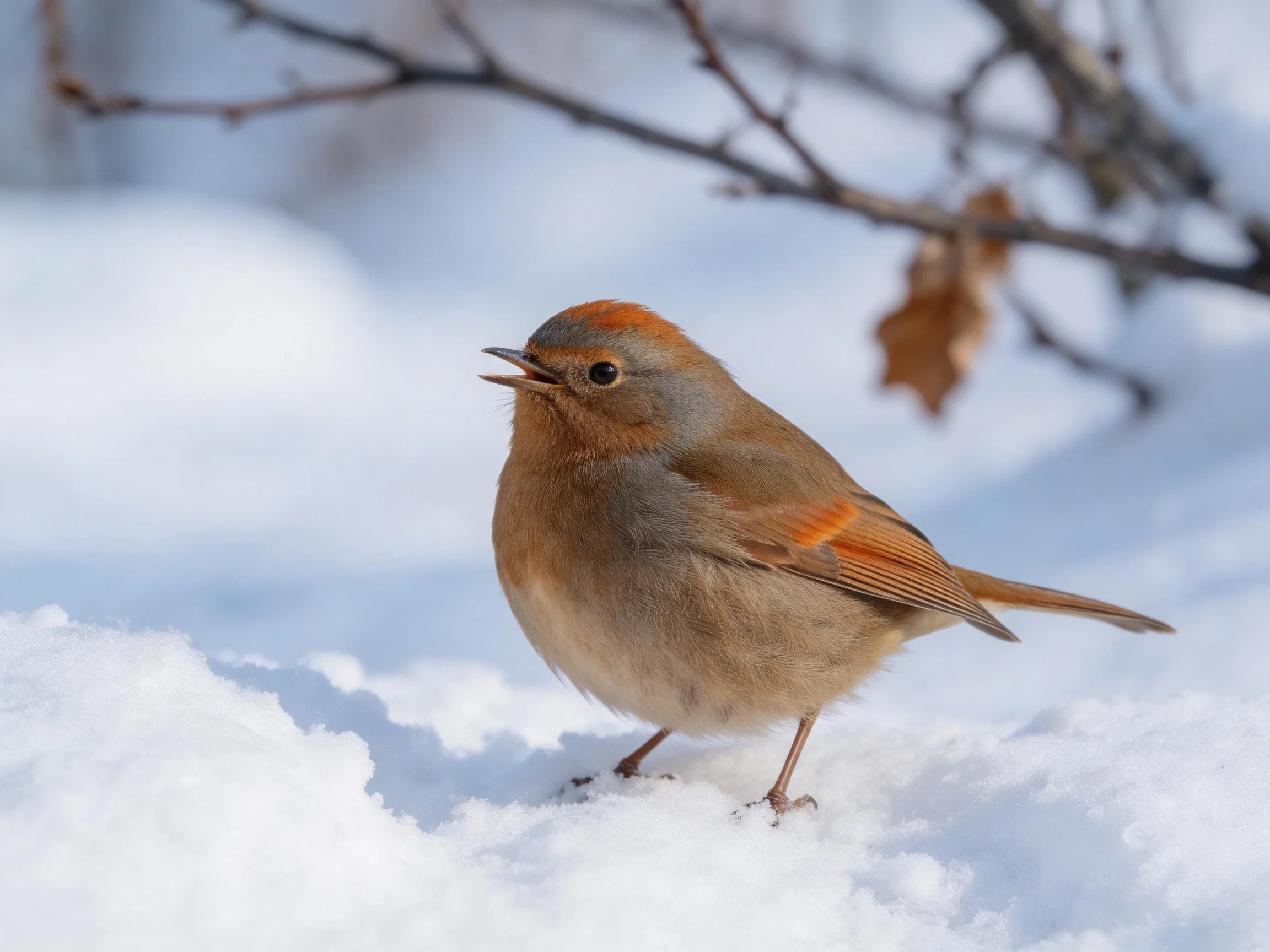 A small brown-orange bird stands on snow near bare winter branches