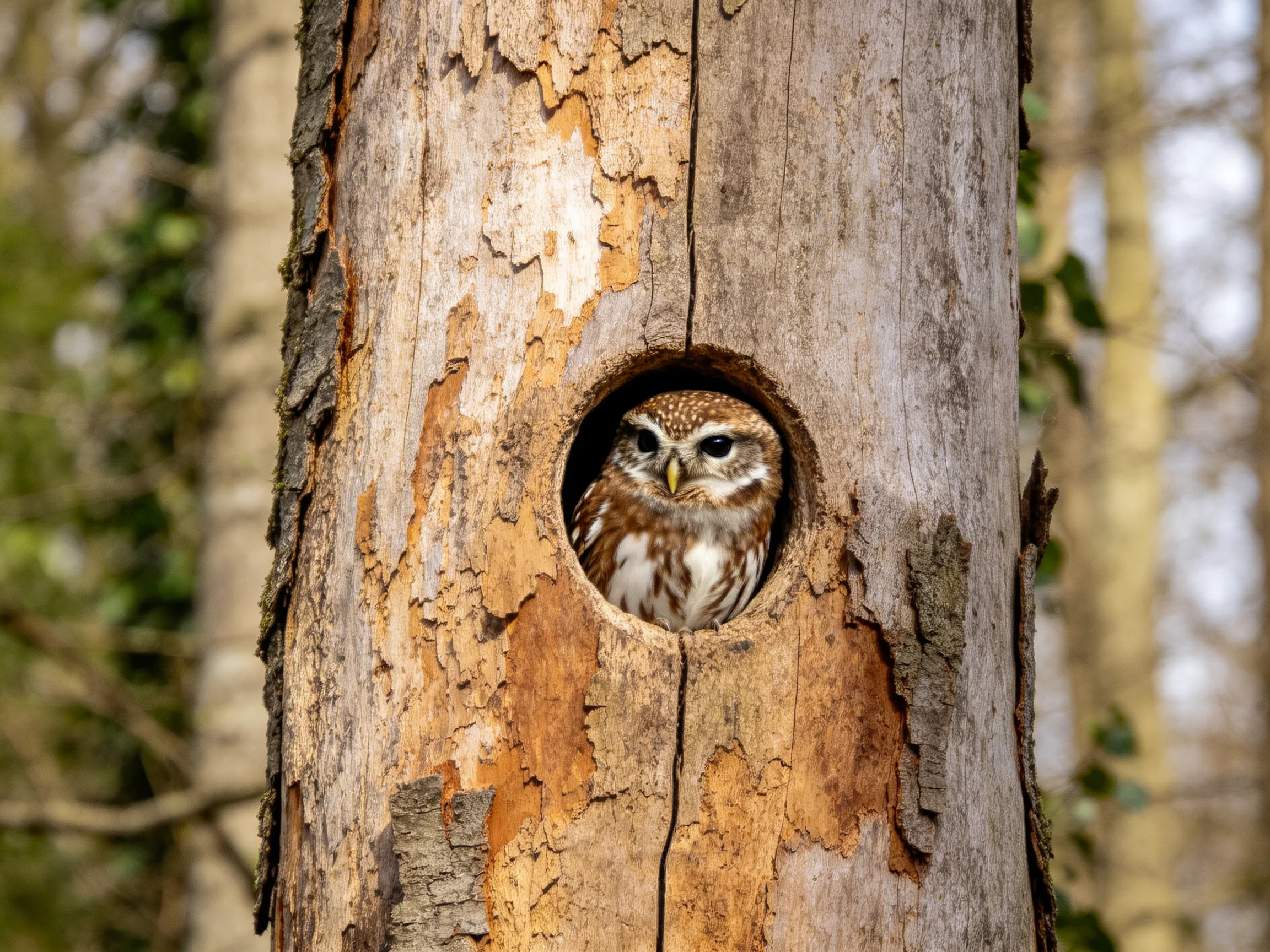 A small brown owl peers from a weathered tree hollow