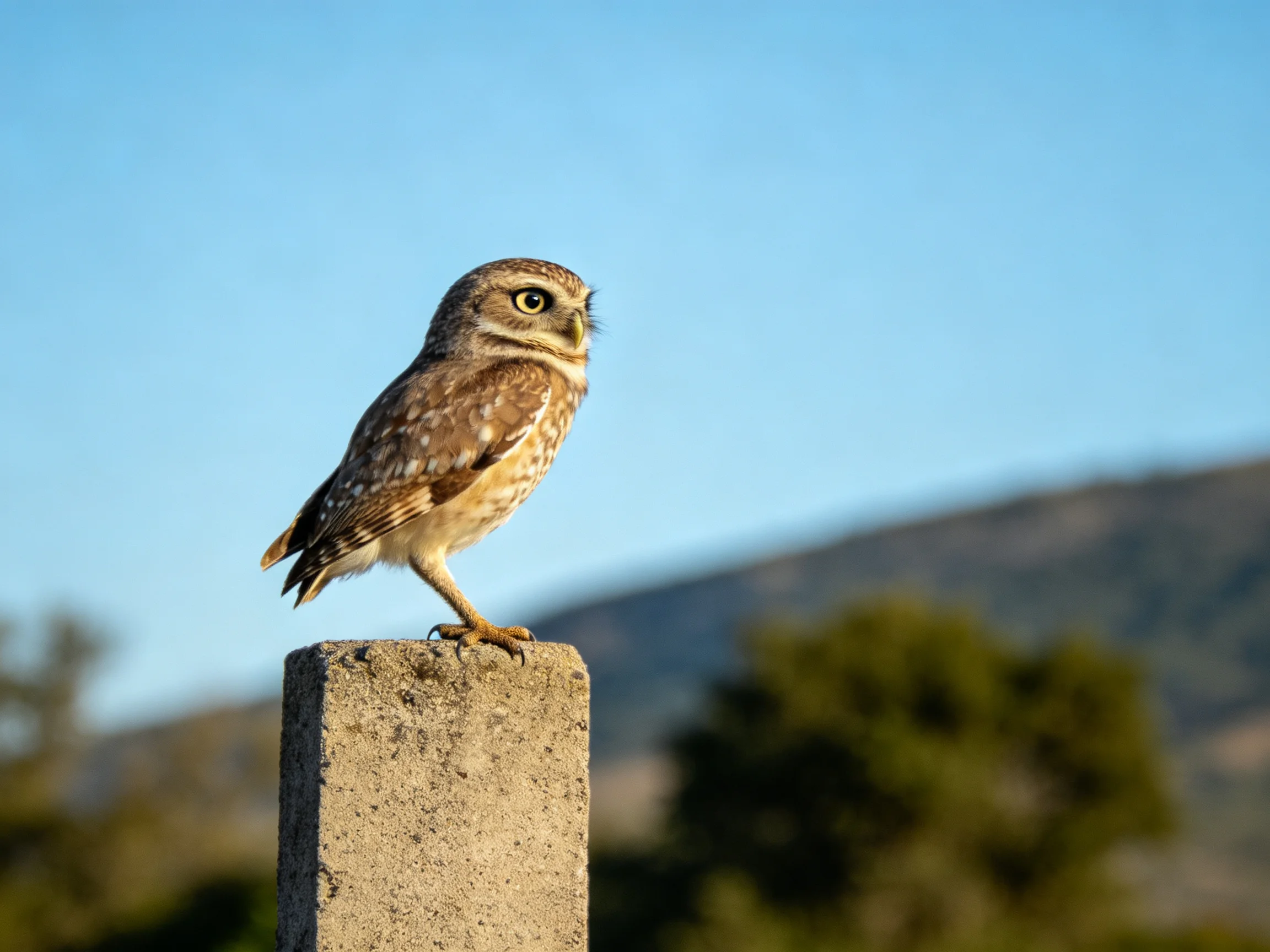 A small brown owl perched on a concrete post against a mountainous backdrop