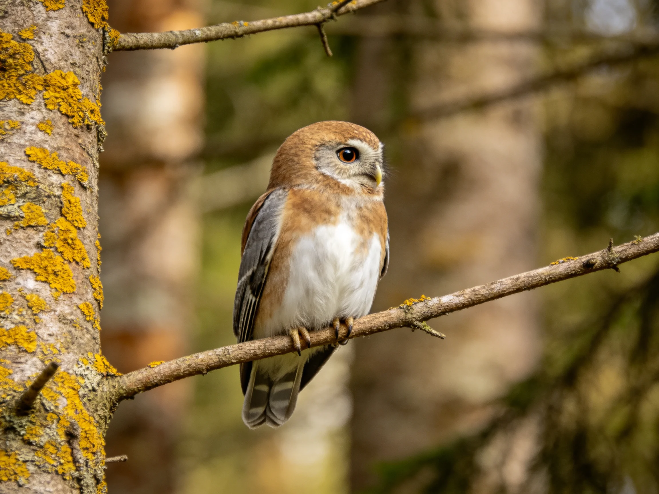 A small brown owl perched on a lichen-covered tree branch