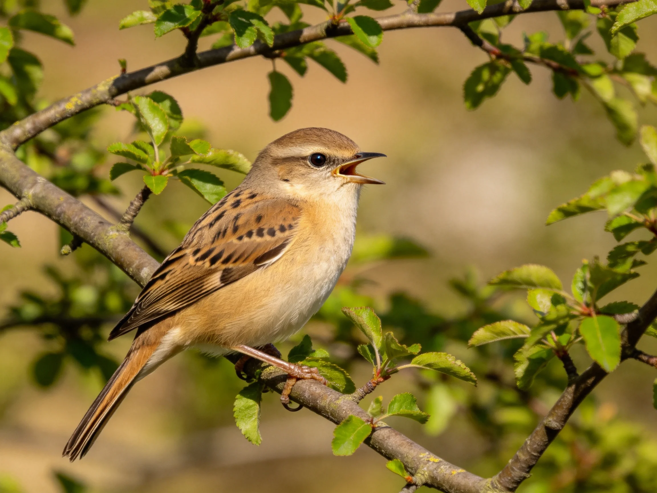 A small brown songbird perched among green foliage branches