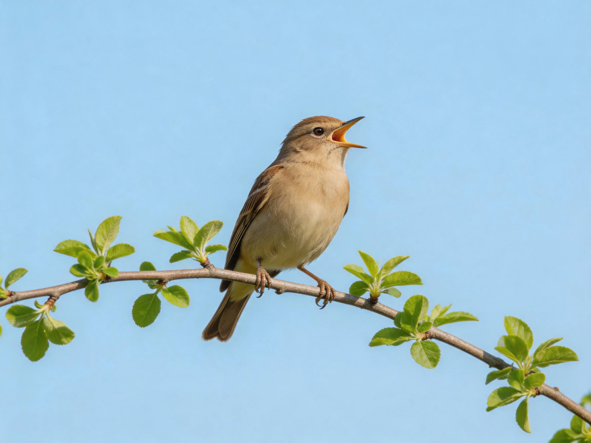 A small brown songbird perched on a leafy branch under bright blue sky
