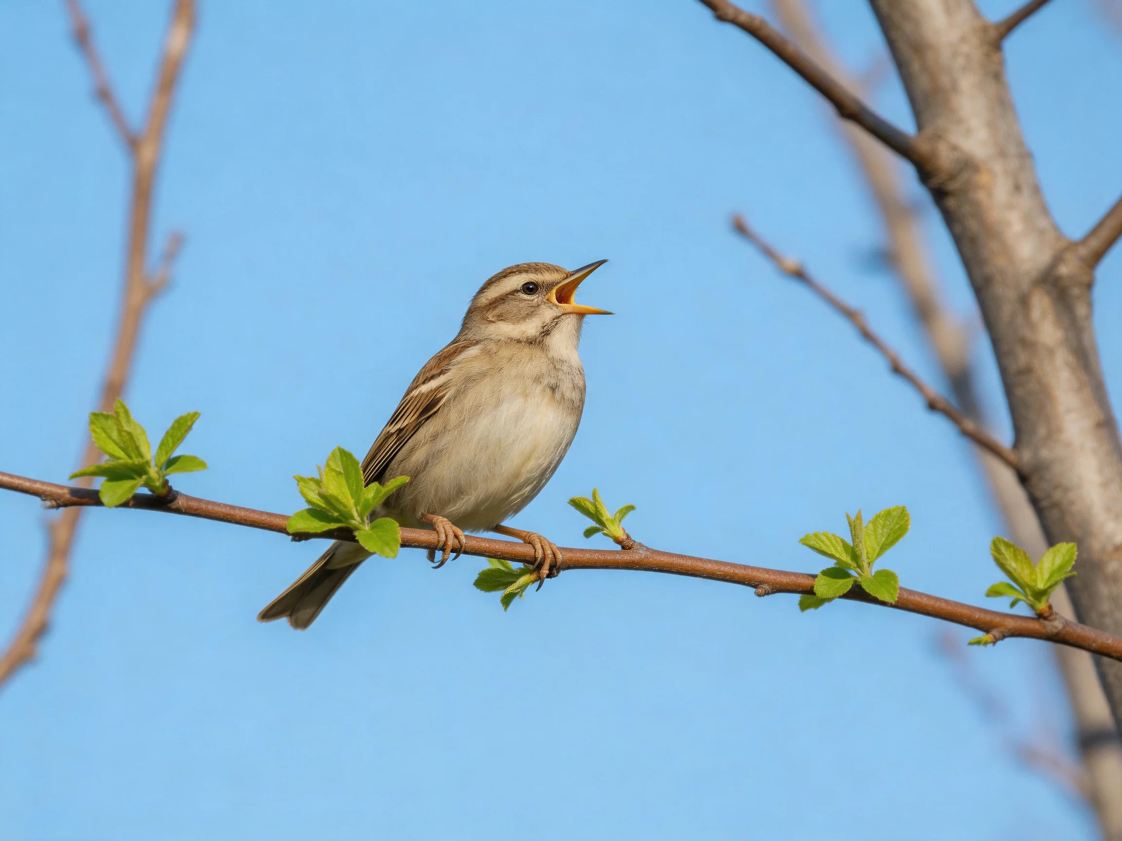 A small brown songbird sings from a leafy branch under clear blue sky