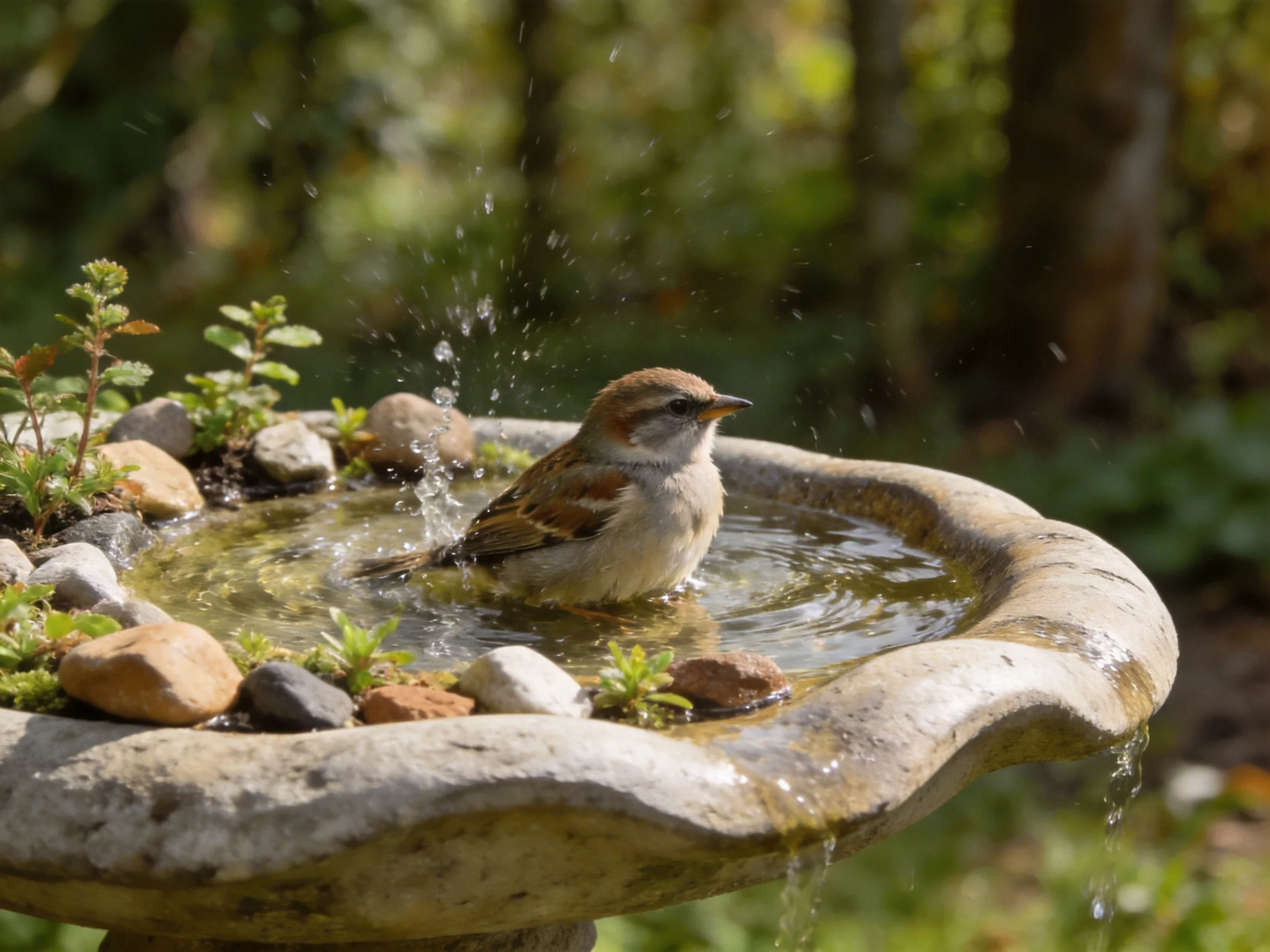 A small brown sparrow bathing in a stone birdbath with greenery and rocks