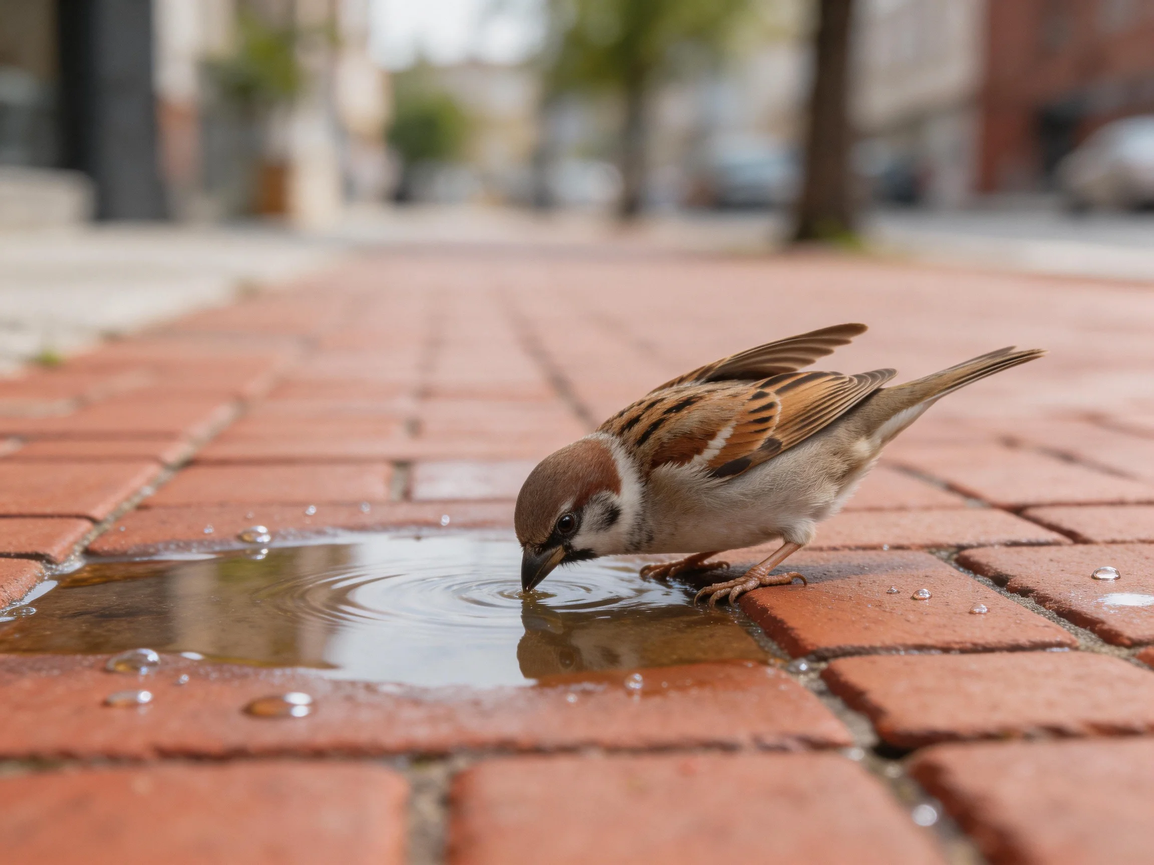 A small brown sparrow drinks from a puddle on red brick pavement