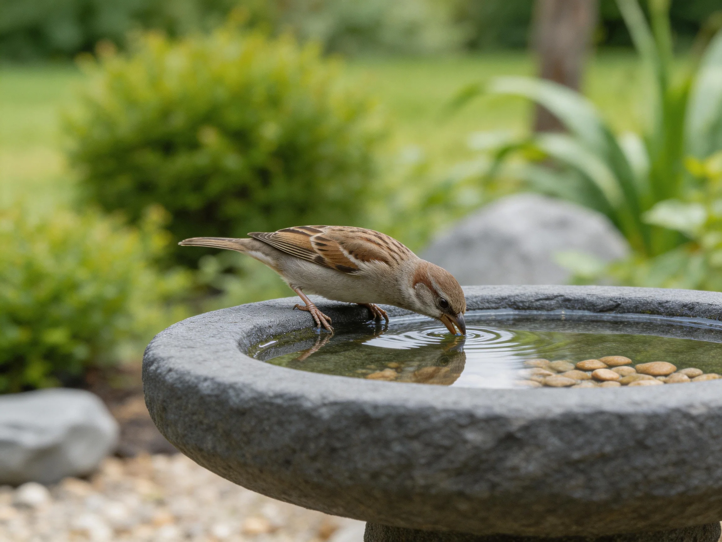 A small brown sparrow drinks from a stone birdbath in a lush garden